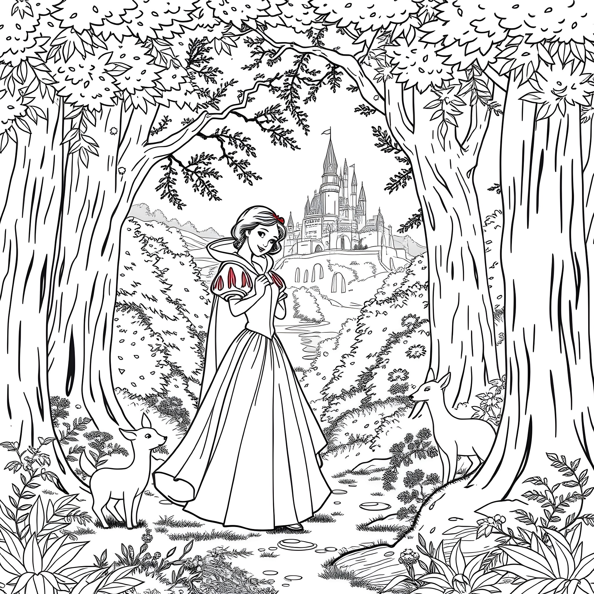 Snow White walking through the enchanted forest to the castle Coloring Page (free black-and-white line drawing printable PDF for all, from beginners to advanced learners, including children, teens, adults, and seniors)