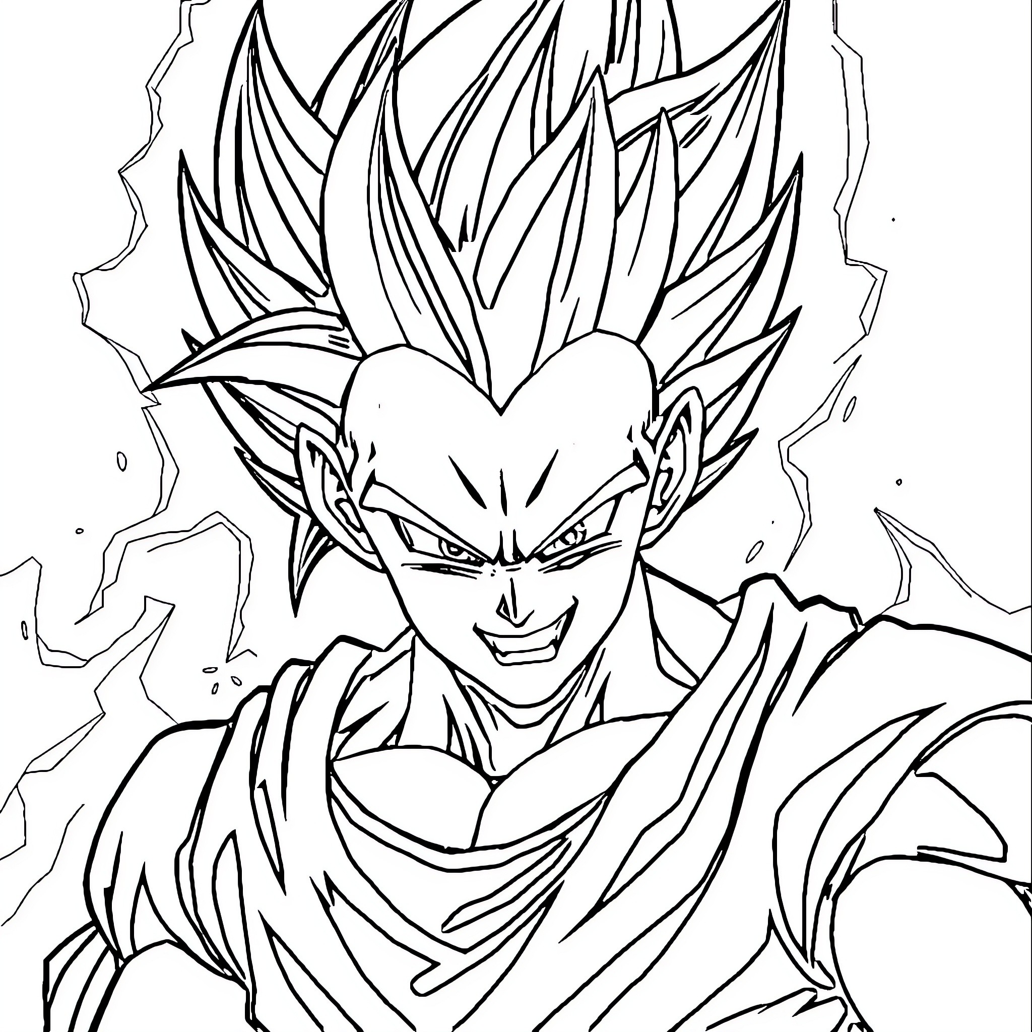 Saiyan warrior's fierce expression and bold stance Coloring Page (free black-and-white line drawing printable PDF for all, from beginners to advanced learners, including children, teens, adults, and seniors)