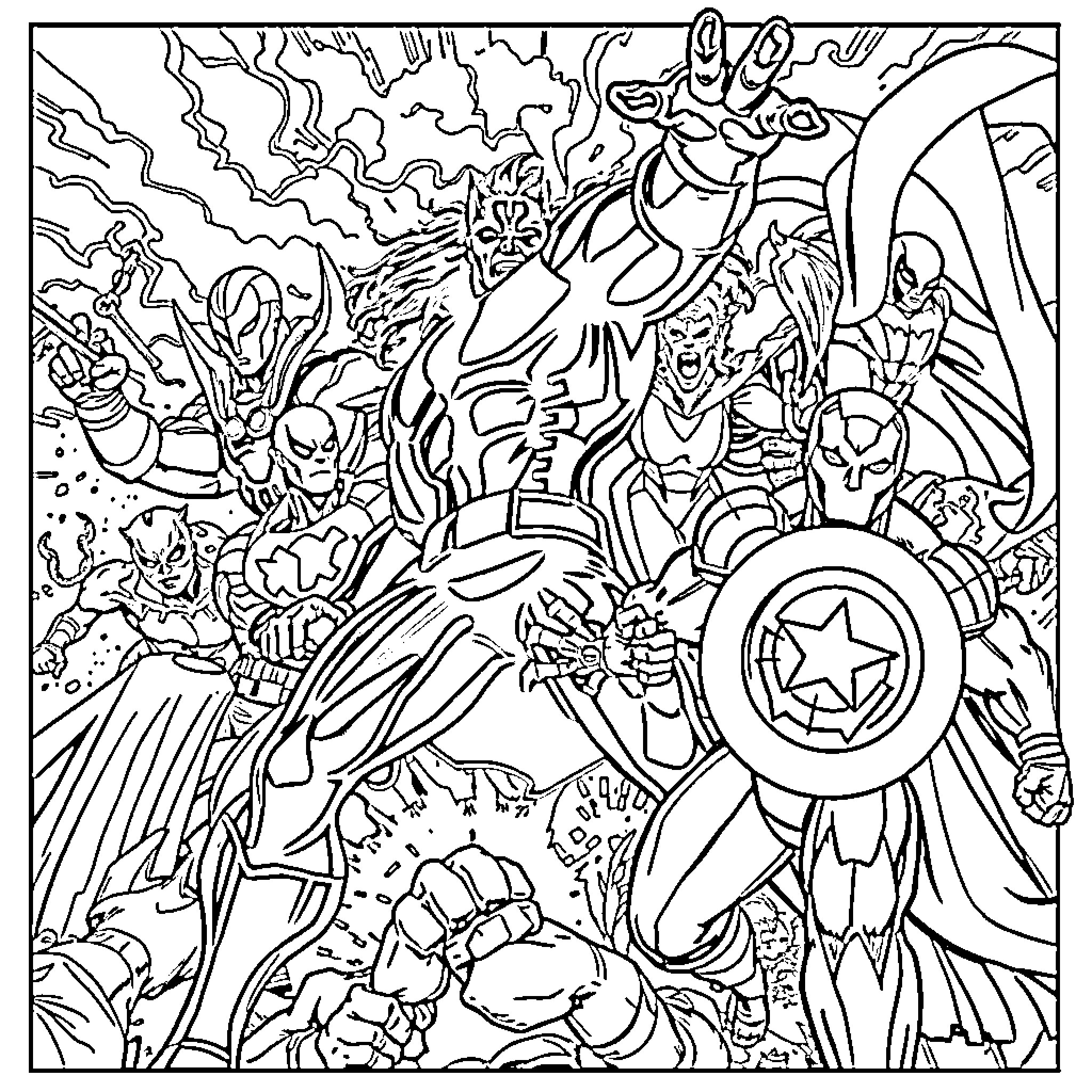 Marvel Superheroes in Epic Battle Formation Coloring Page (free black-and-white line drawing printable PDF for all, from beginners to advanced learners, including children, teens, adults, and seniors)
