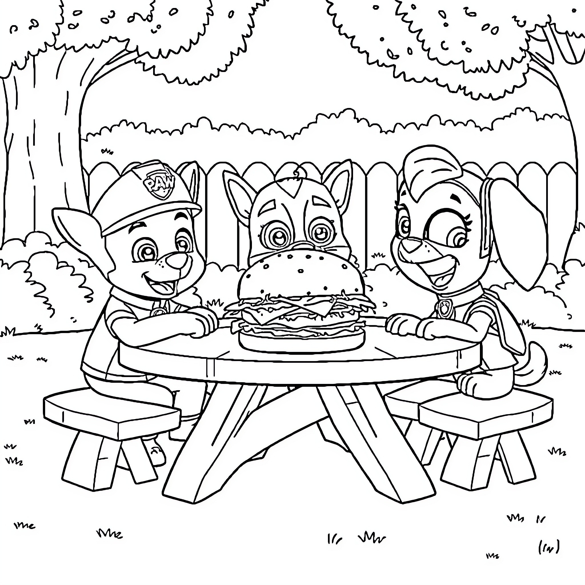 Paw Patrol characters having a picnic in the woods Coloring Page (free black-and-white line drawing printable PDF for all, from beginners to advanced learners, including children, teens, adults, and seniors)