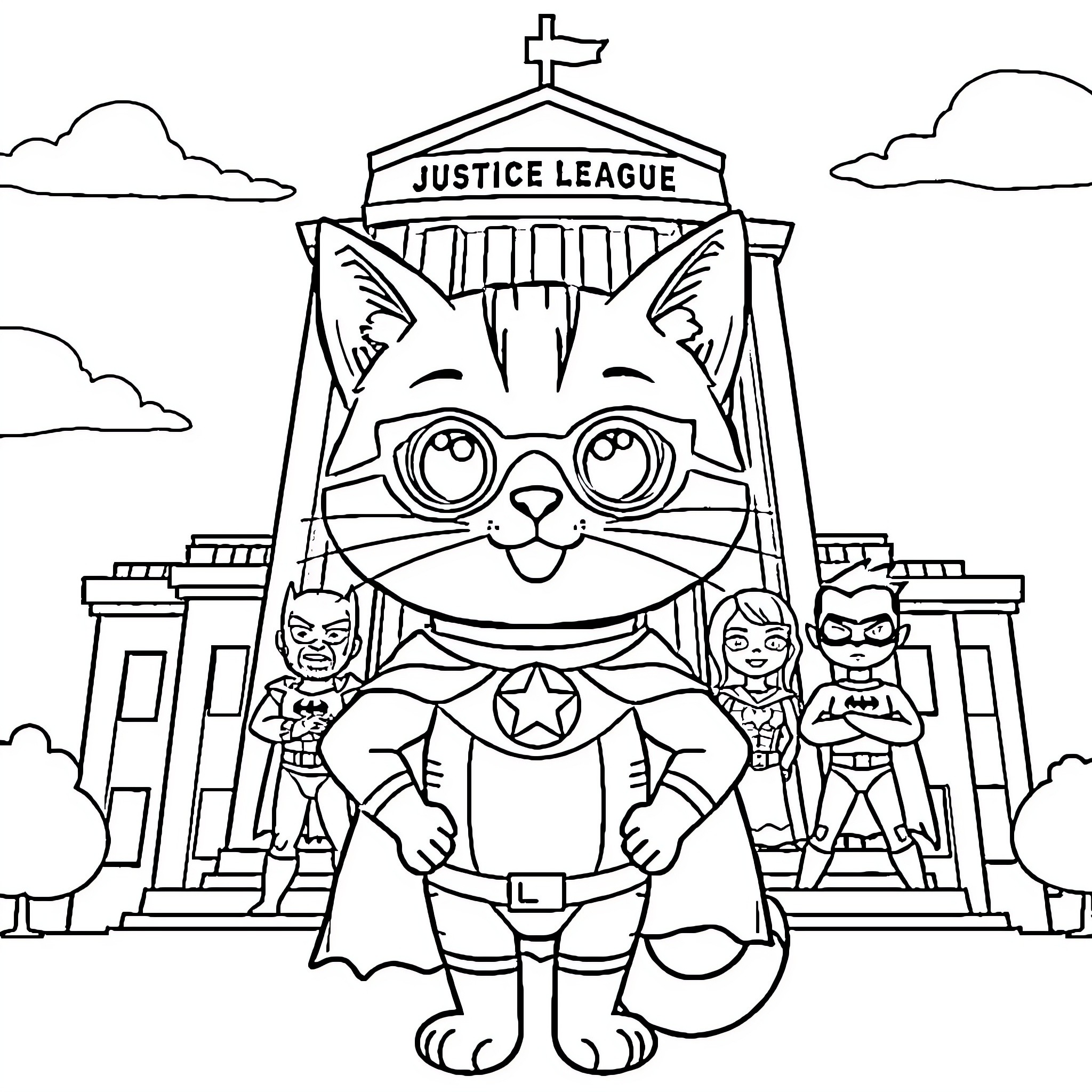 Cat superhero at the Justice League headquarters Coloring Page (free black-and-white line drawing printable PDF for all, from beginners to advanced learners, including children, teens, adults, and seniors)