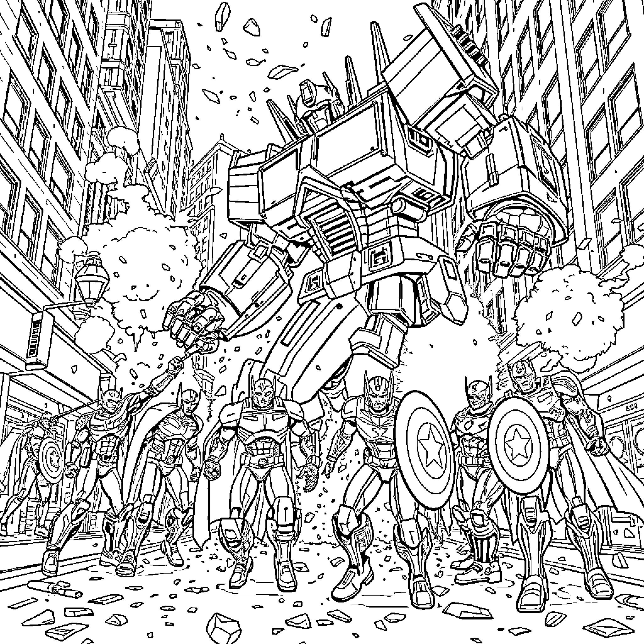 Avengers Assemble for an Epic Showdown in the City Coloring Page (free black-and-white line drawing printable PDF for all, from beginners to advanced learners, including children, teens, adults, and seniors)