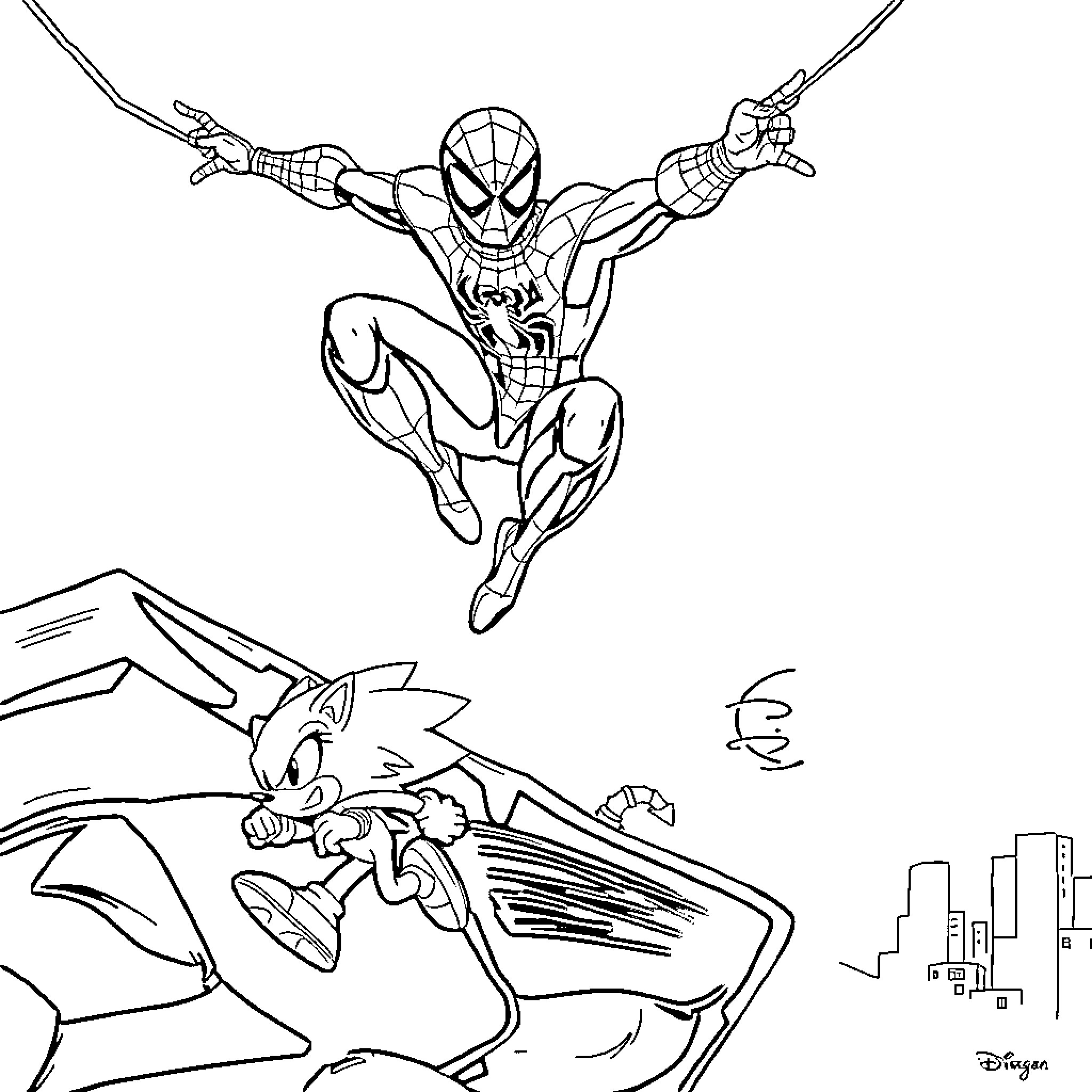 Spiderman swinging through the city and Sonic speeding by Coloring Page (free black-and-white line drawing printable PDF for all, from beginners to advanced learners, including children, teens, adults, and seniors)