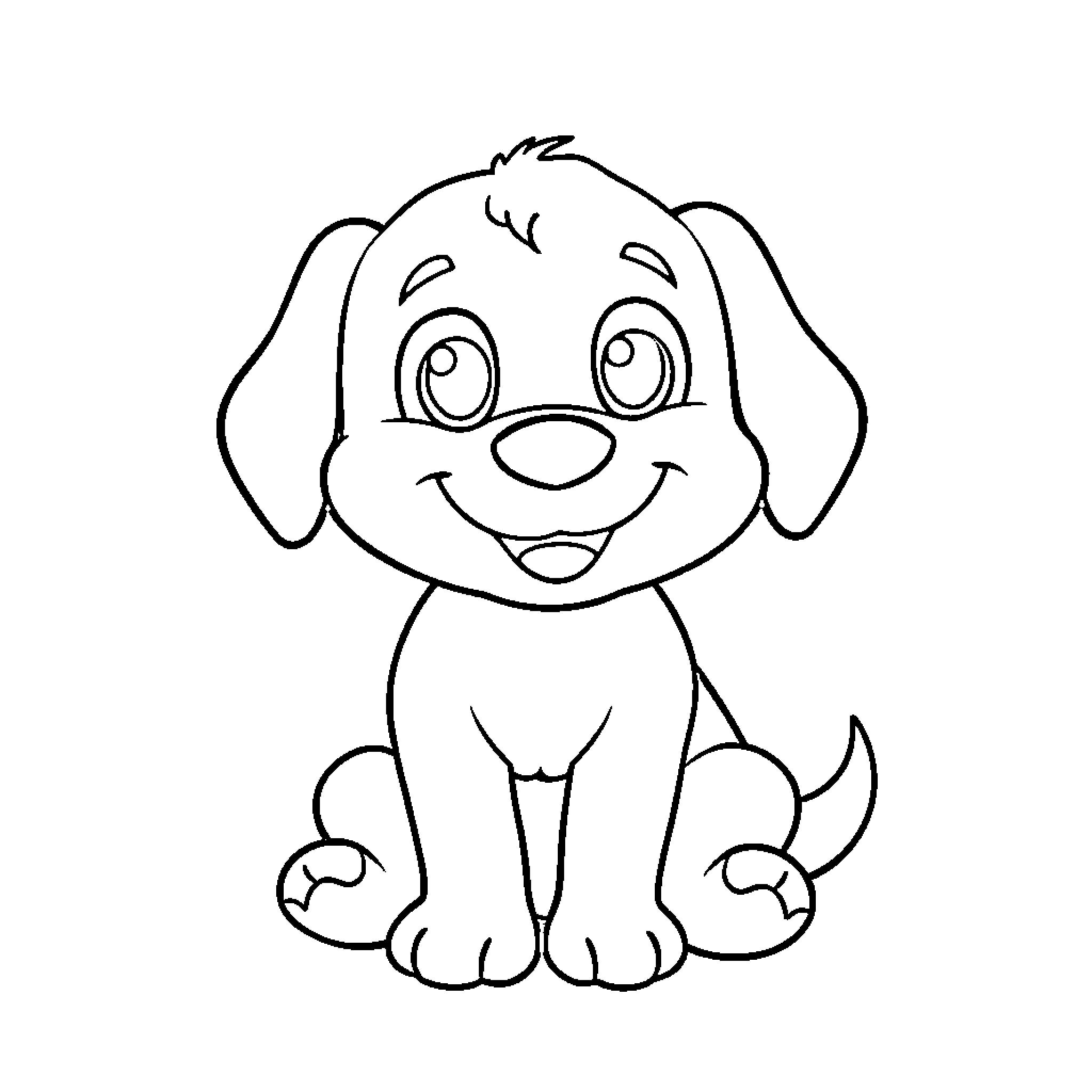 Dog happily sitting and smiling Coloring Page (free black-and-white line drawing printable PDF for all, from beginners to advanced learners, including children, teens, adults, and seniors)