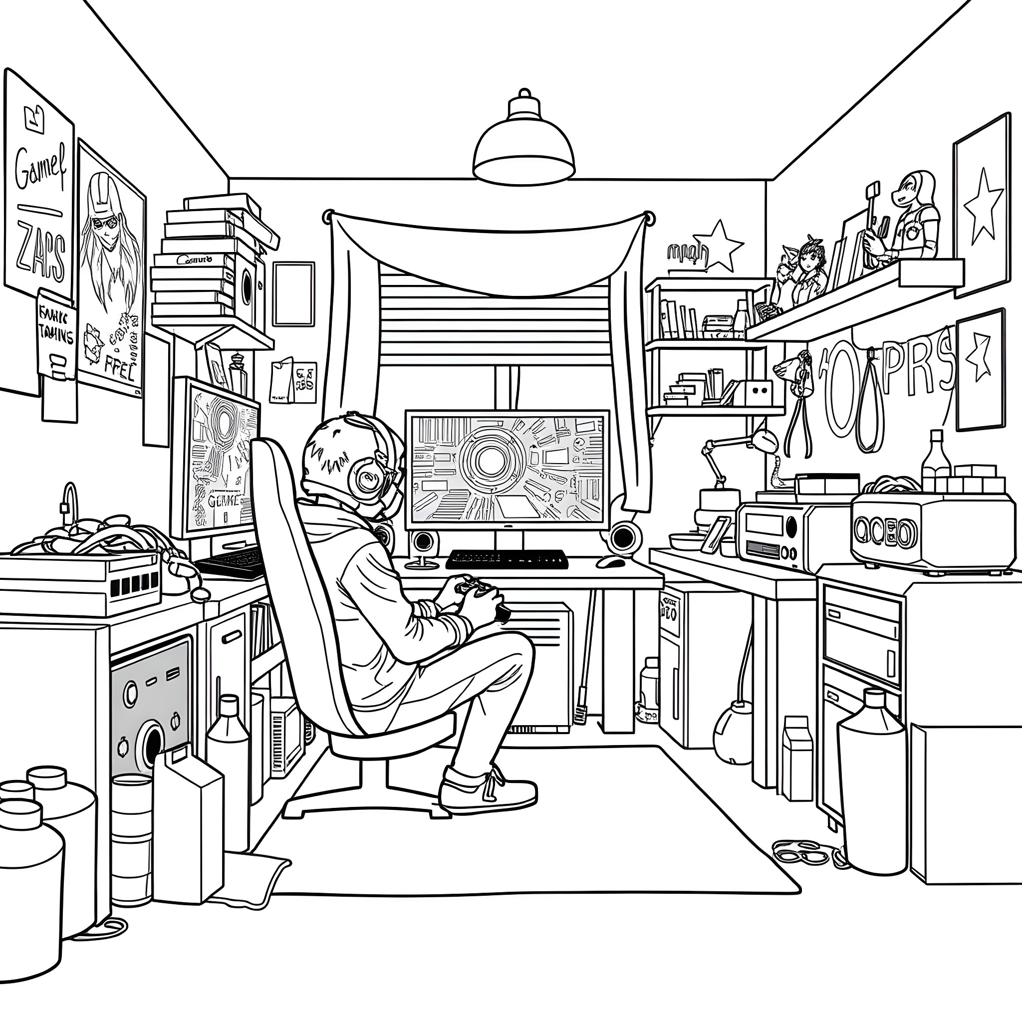 Videogame character in futuristic workspace with gadgets Coloring Page (free black-and-white line drawing printable PDF for all, from beginners to advanced learners, including children, teens, adults, and seniors)