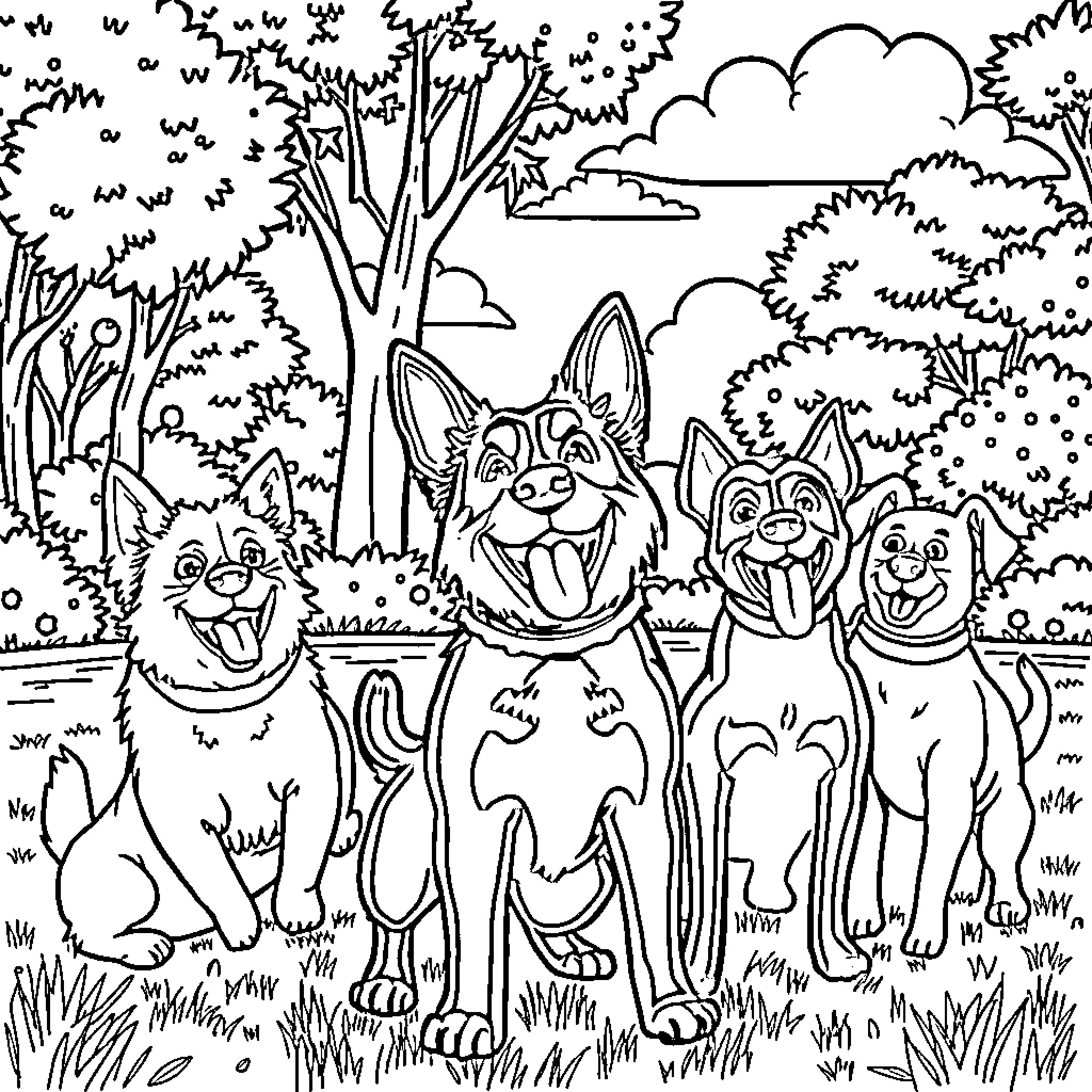 Pouca Pouca Playful Pups in the Park Coloring Page (free black-and-white line drawing printable PDF for all, from beginners to advanced learners, including children, teens, adults, and seniors)