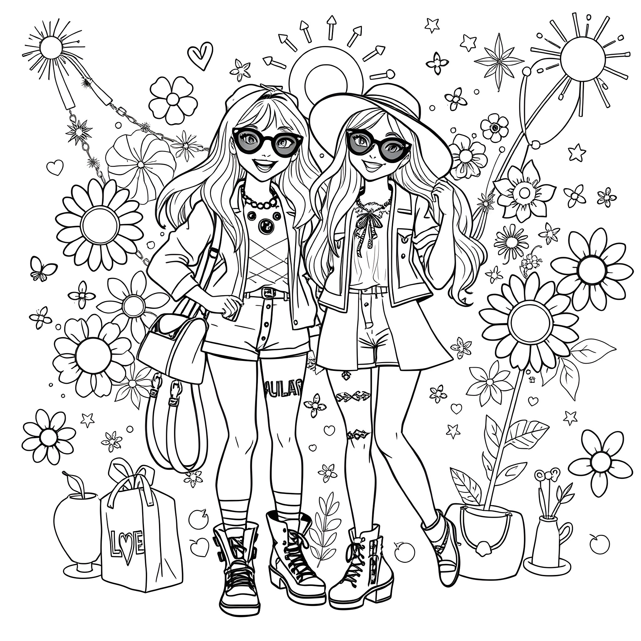 Girls in fun casual outfits with sunflowers and doodles Coloring Page (free black-and-white line drawing printable PDF for all, from beginners to advanced learners, including children, teens, adults, and seniors)