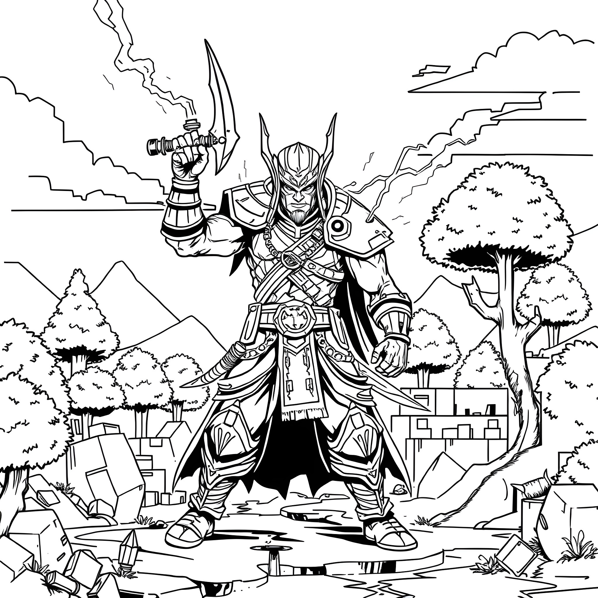 Raiden's Warrior Stance in a Rugged Landscape Coloring Page (free black-and-white line drawing printable PDF for all, from beginners to advanced learners, including children, teens, adults, and seniors)