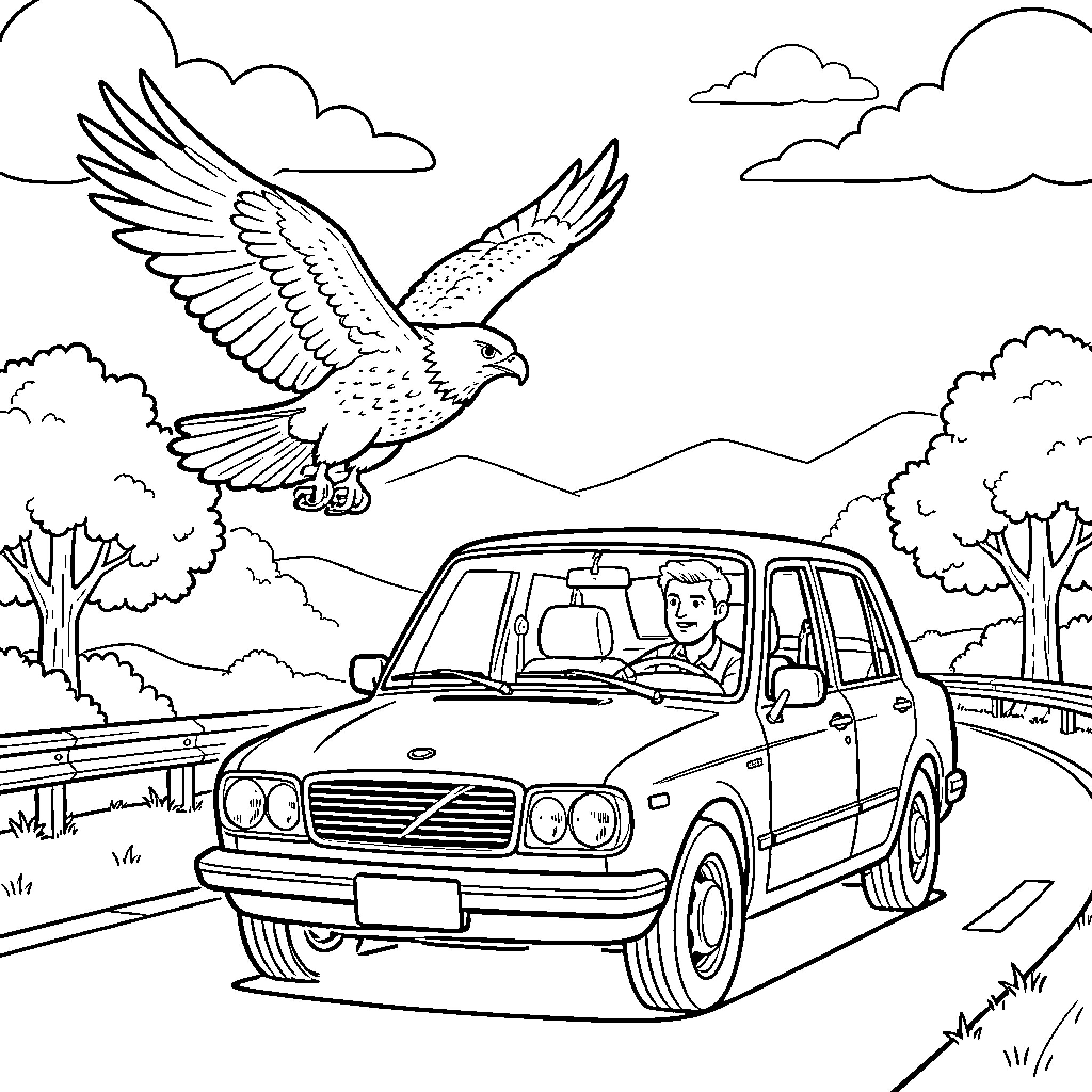 Halcón volando cerca de un coche en movimiento Coloring Page (free black-and-white line drawing printable PDF for all, from beginners to advanced learners, including children, teens, adults, and seniors)