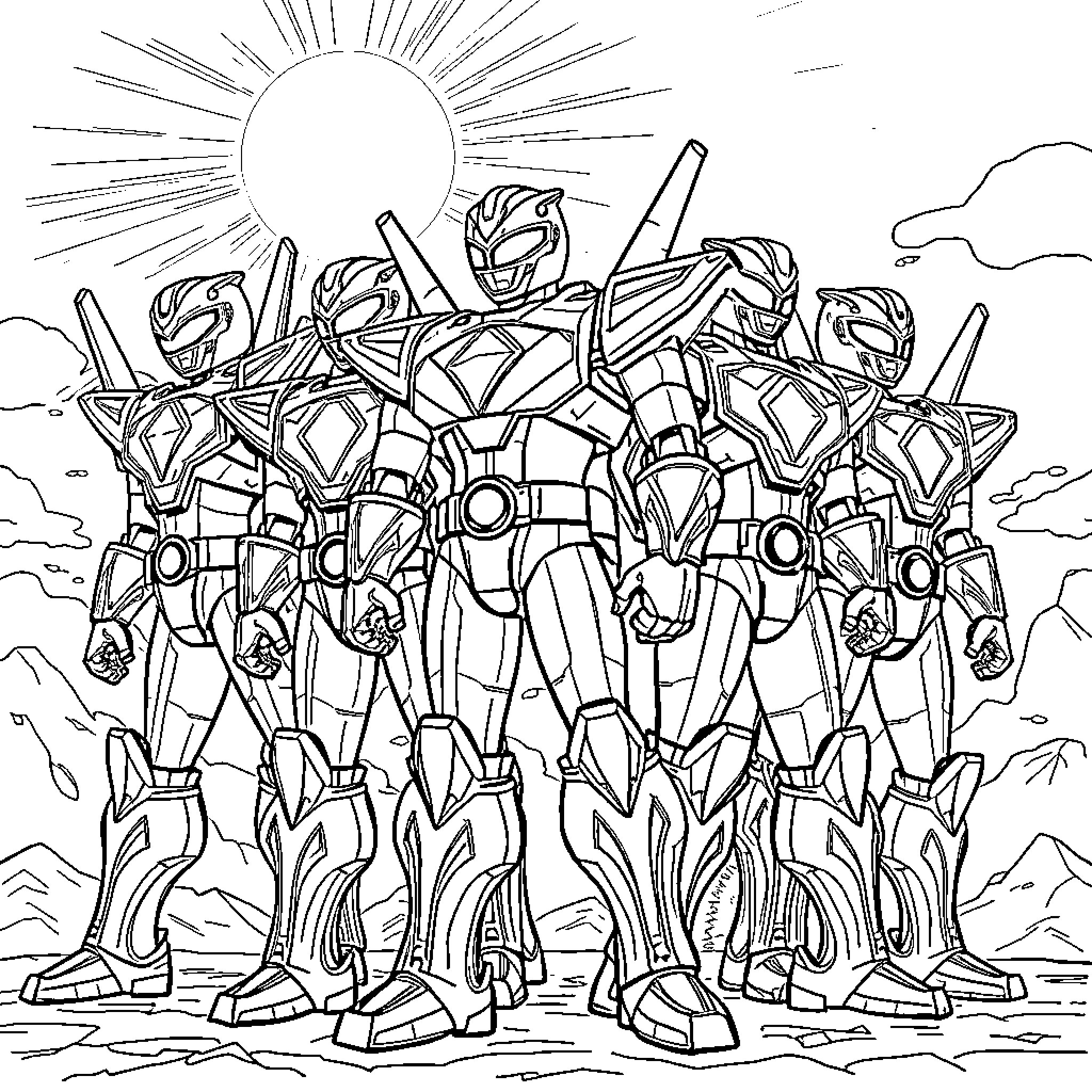 Power Ranger Zord Formation in Action Coloring Page (free black-and-white line drawing printable PDF for all, from beginners to advanced learners, including children, teens, adults, and seniors)