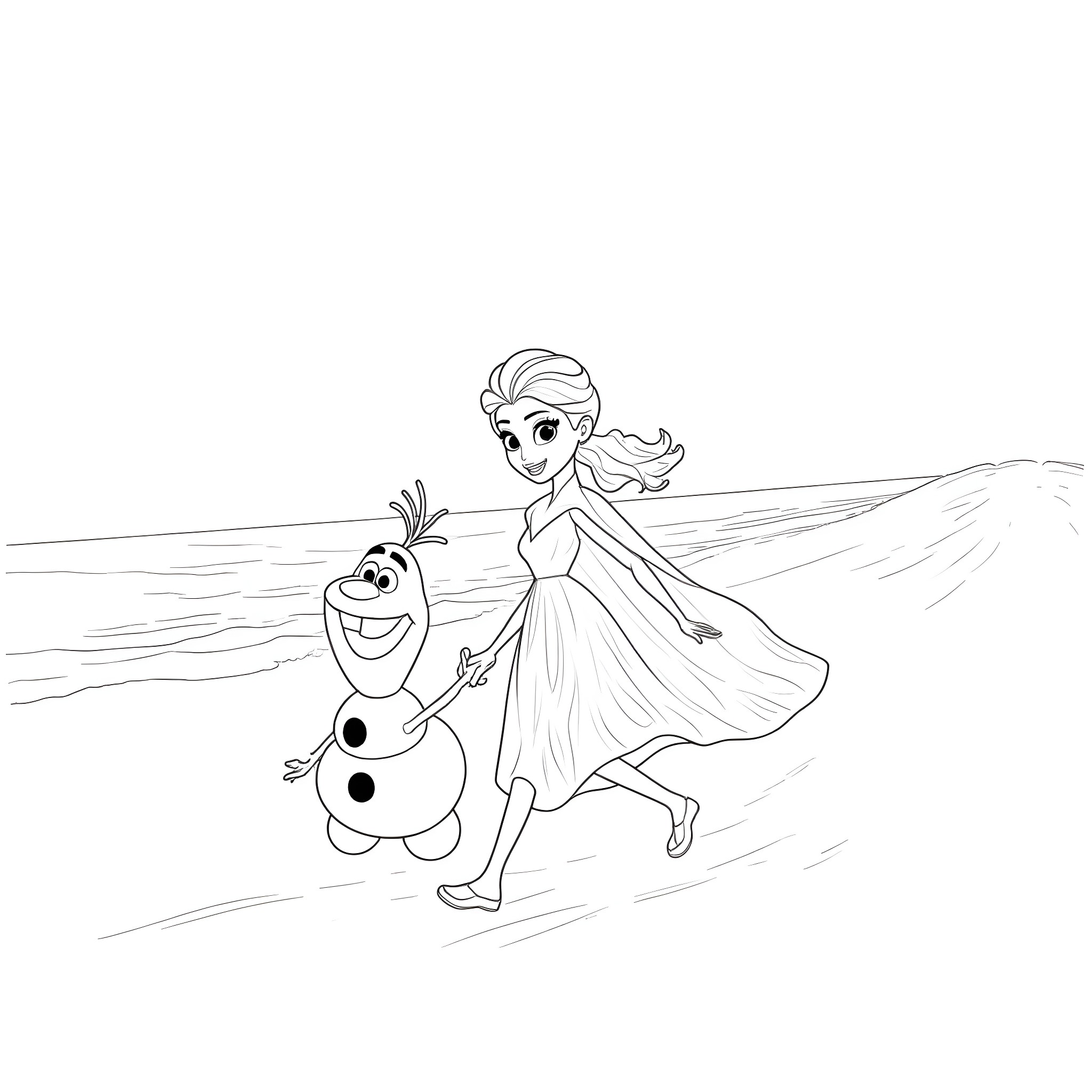 Elsa and Olaf enjoying a winter day Coloring Page (free black-and-white line drawing printable PDF for all, from beginners to advanced learners, including children, teens, adults, and seniors)