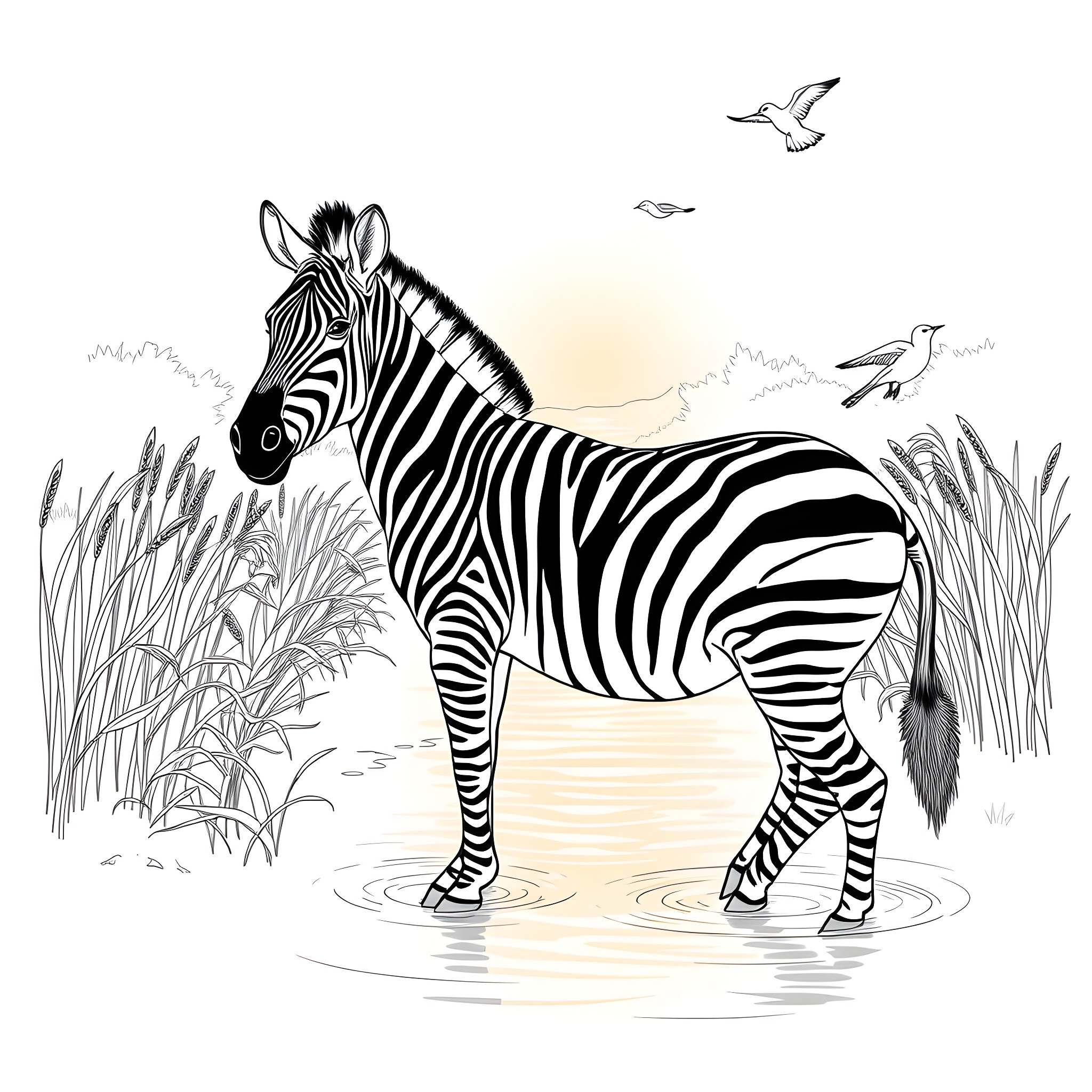 Zebra standing in the water with birds flying overhead Coloring Page (free black-and-white line drawing printable PDF for all, from beginners to advanced learners, including children, teens, adults, and seniors)