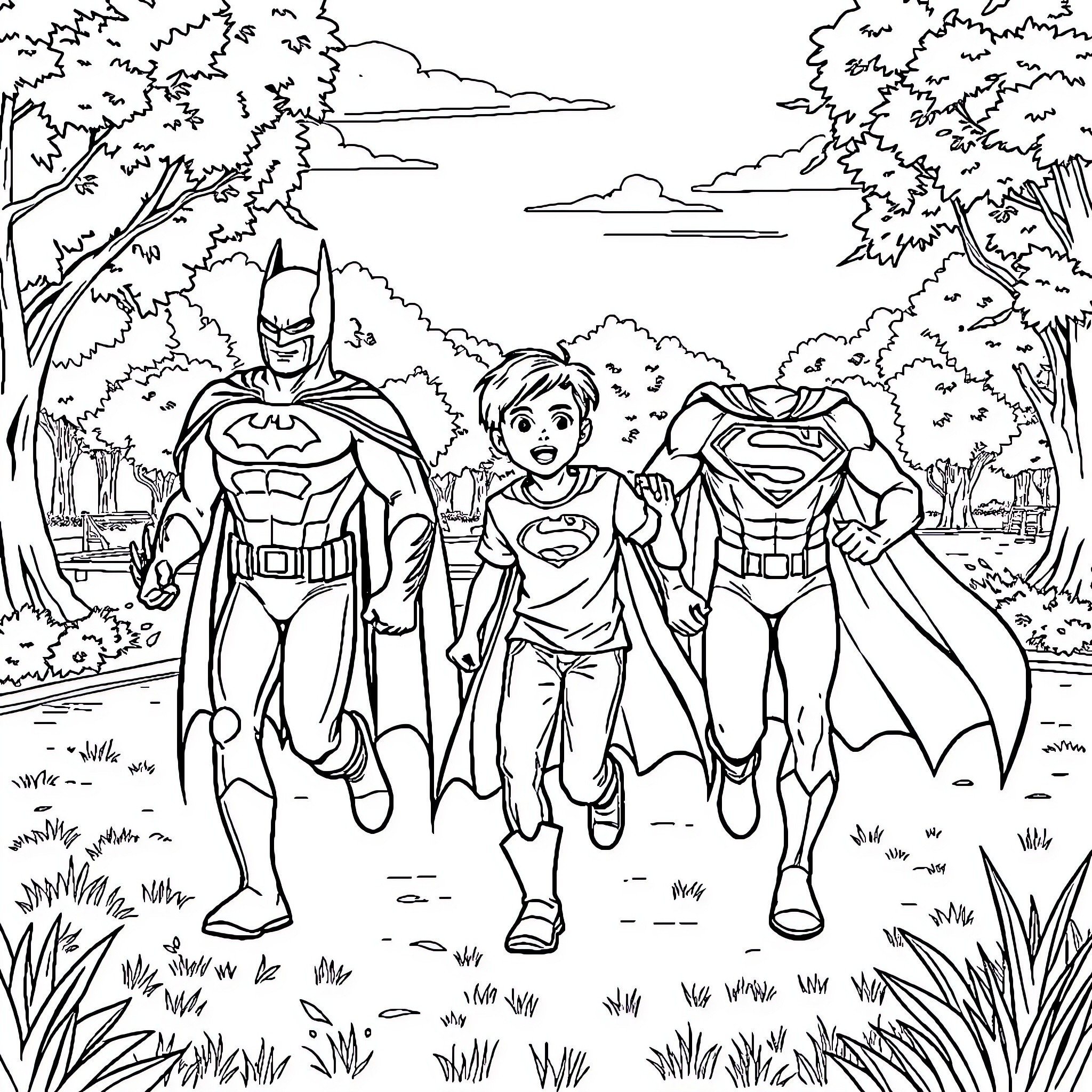Children's heroes adventuring in the forest Coloring Page (free black-and-white line drawing printable PDF for all, from beginners to advanced learners, including children, teens, adults, and seniors)