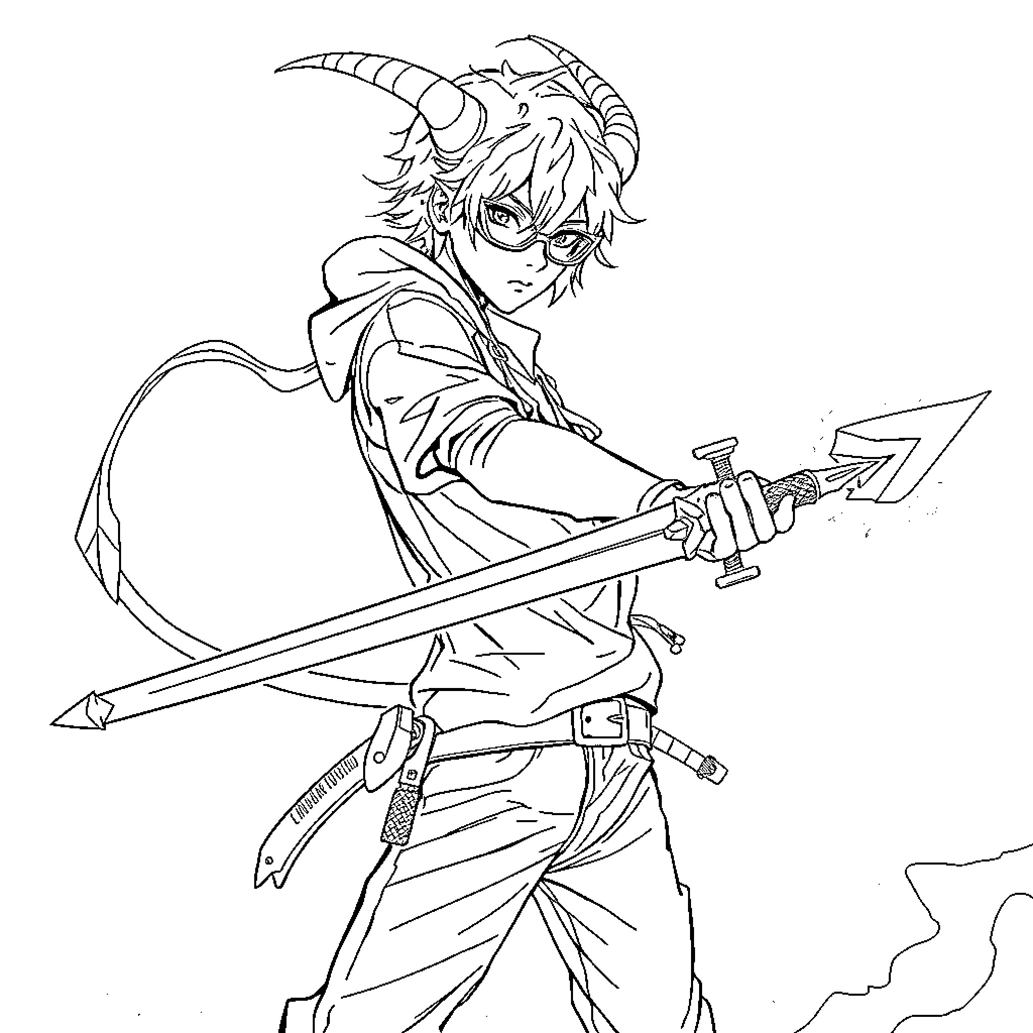 Demon Hunter wielding a powerful sword in battle Coloring Page (free black-and-white line drawing printable PDF for all, from beginners to advanced learners, including children, teens, adults, and seniors)