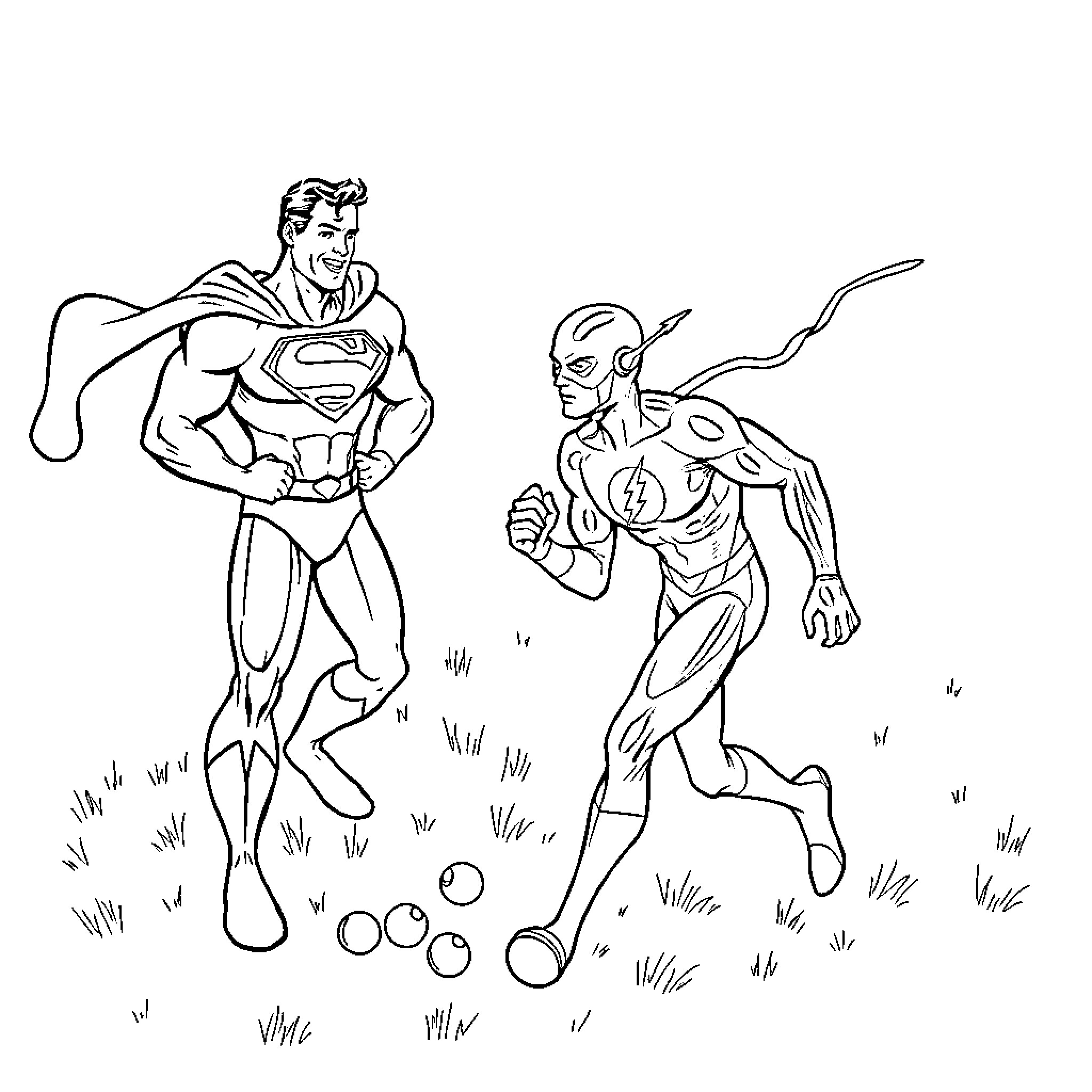 Superman confronting a supervillain in the field Coloring Page (free black-and-white line drawing printable PDF for all, from beginners to advanced learners, including children, teens, adults, and seniors)