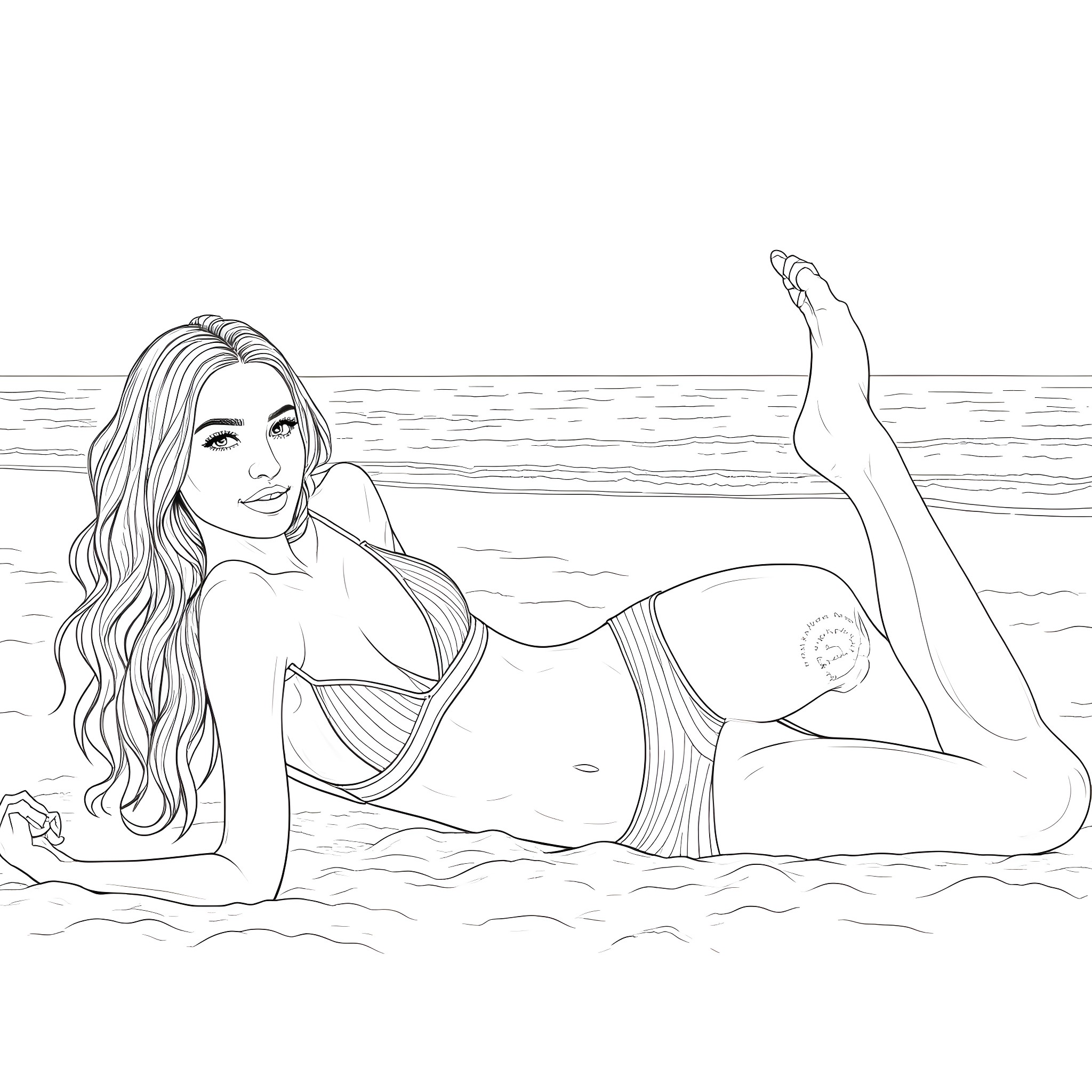 Bethanie Badertscher lounging in the ocean Coloring Page (free black-and-white line drawing printable PDF for all, from beginners to advanced learners, including children, teens, adults, and seniors)