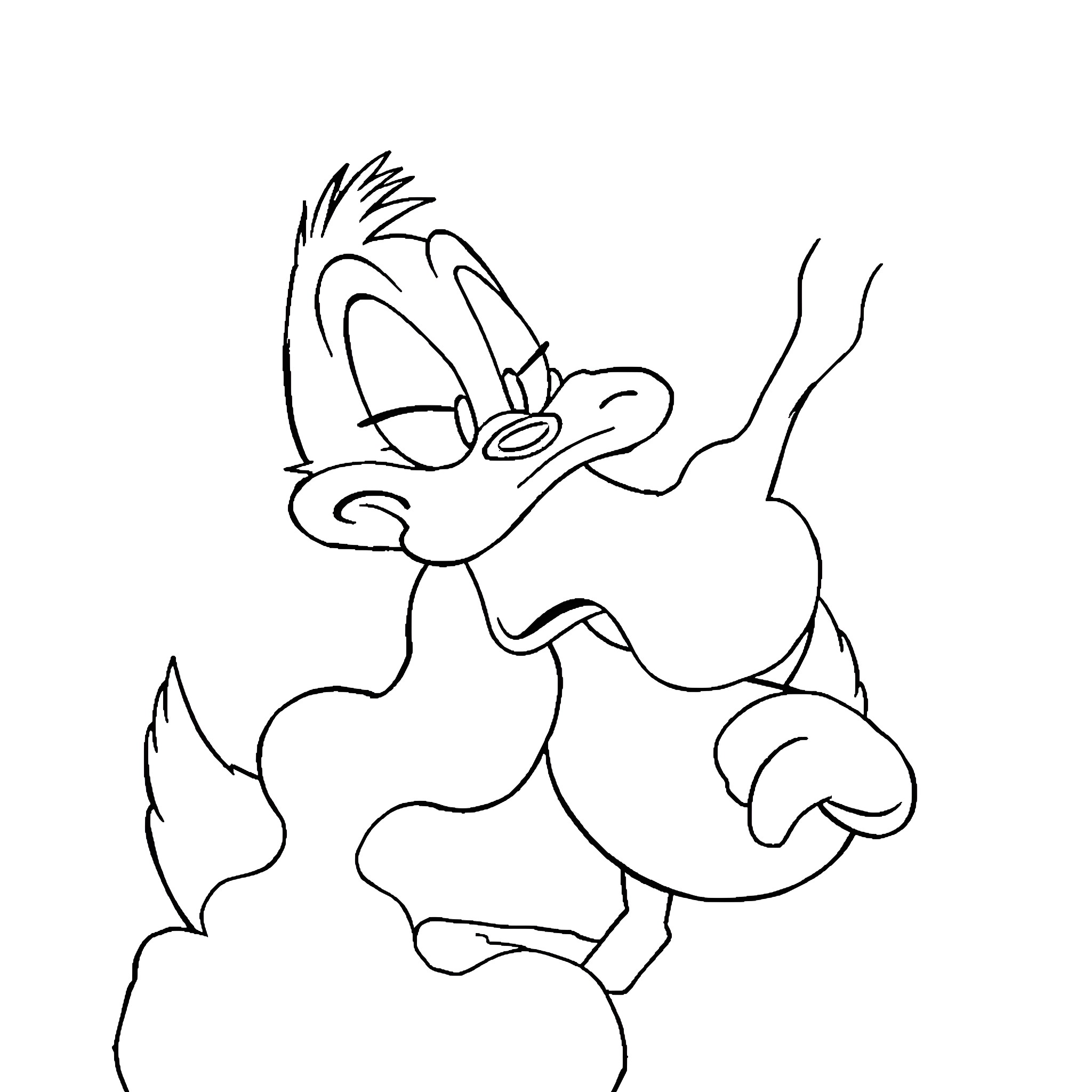 Daffy Duck in Mischievous Pose Coloring Page (free black-and-white line drawing printable PDF for all, from beginners to advanced learners, including children, teens, adults, and seniors)