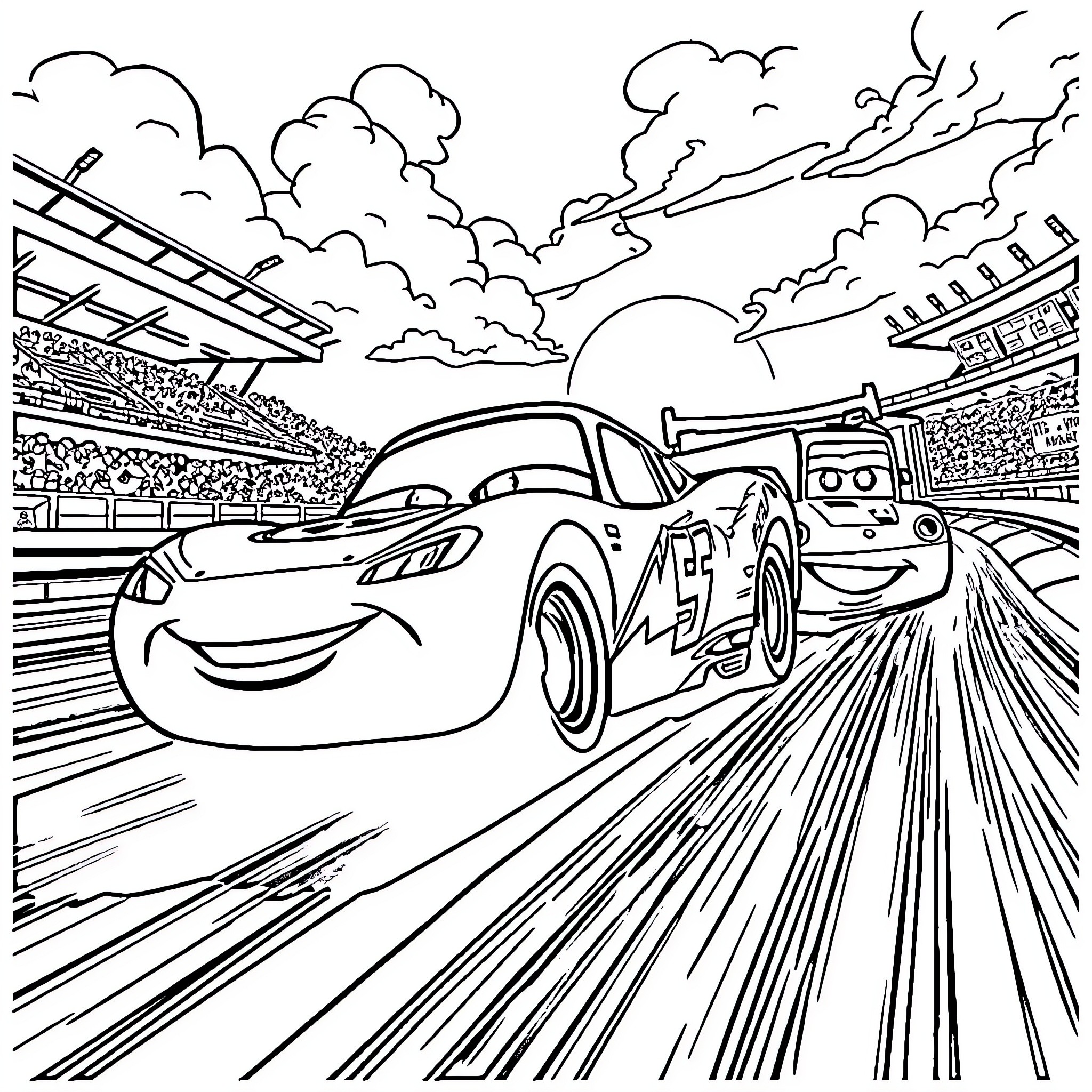 Lightning McQueen racing on the track Coloring Page (free black-and-white line drawing printable PDF for all, from beginners to advanced learners, including children, teens, adults, and seniors)