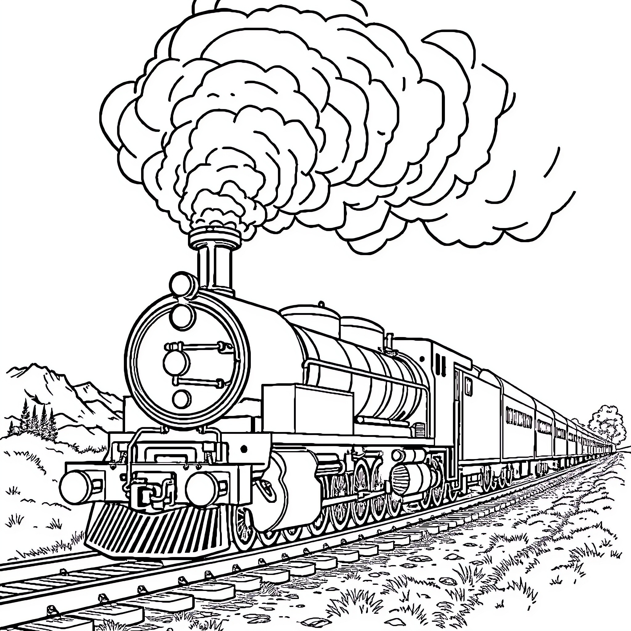 Steam Train Traveling Through Scenic Landscape Coloring Page (free black-and-white line drawing printable PDF for all, from beginners to advanced learners, including children, teens, adults, and seniors)