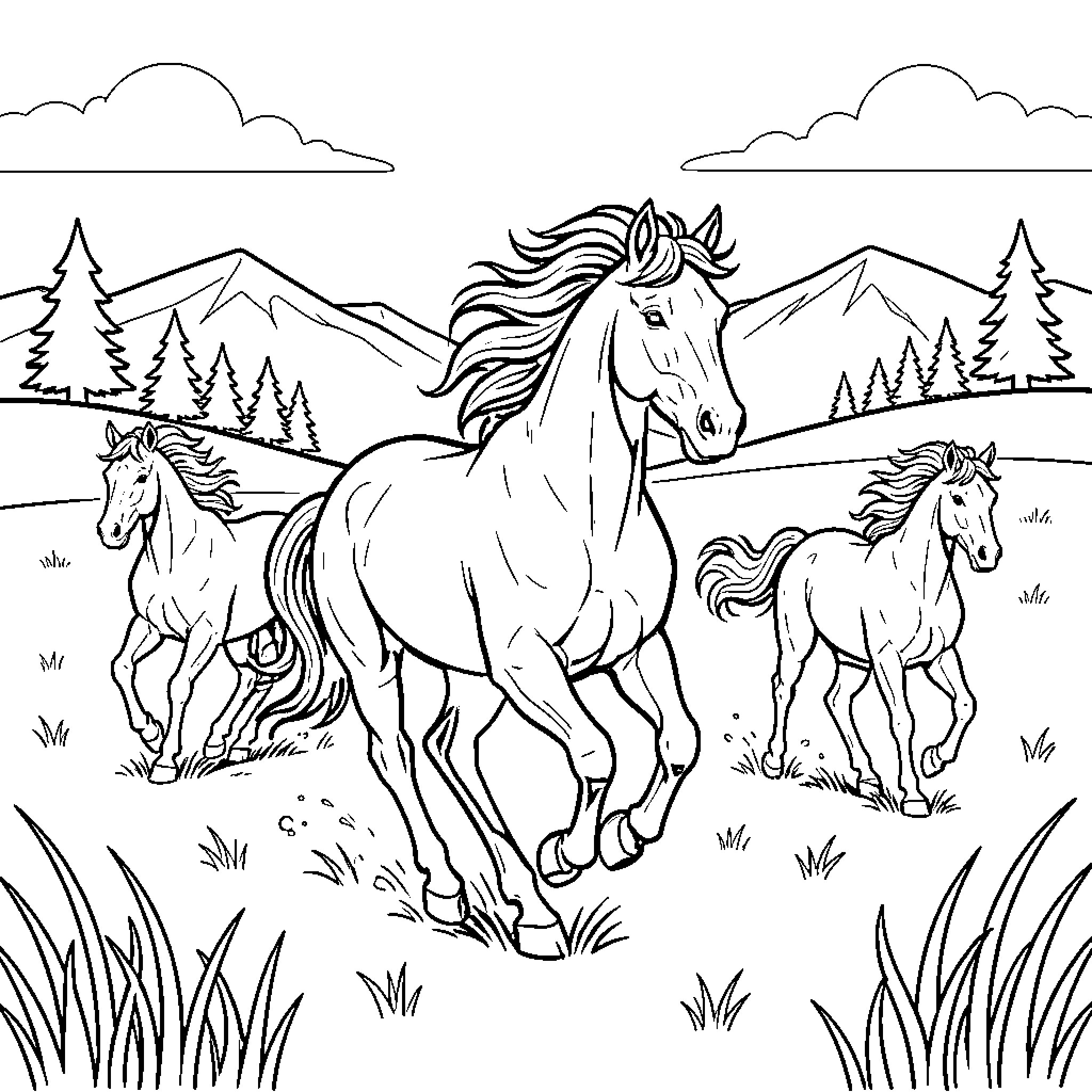 Horse running freely through a mountain landscape Coloring Page (free black-and-white line drawing printable PDF for all, from beginners to advanced learners, including children, teens, adults, and seniors)