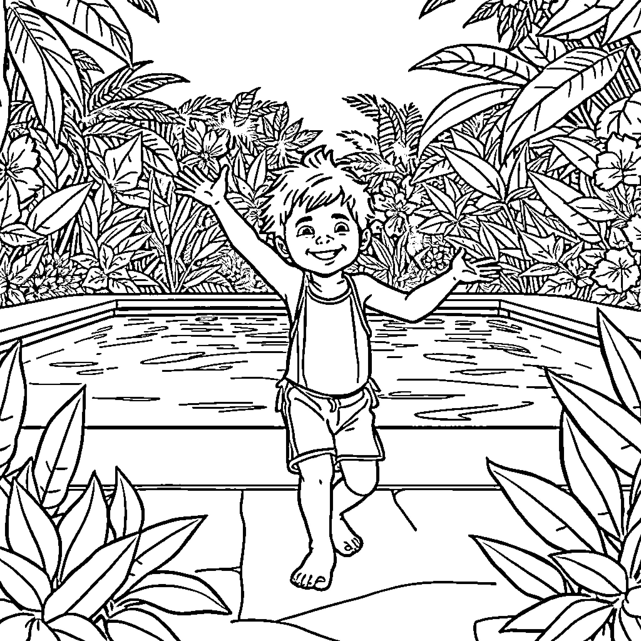 Child playing joyfully in nature's embrace Coloring Page (free black-and-white line drawing printable PDF for all, from beginners to advanced learners, including children, teens, adults, and seniors)
