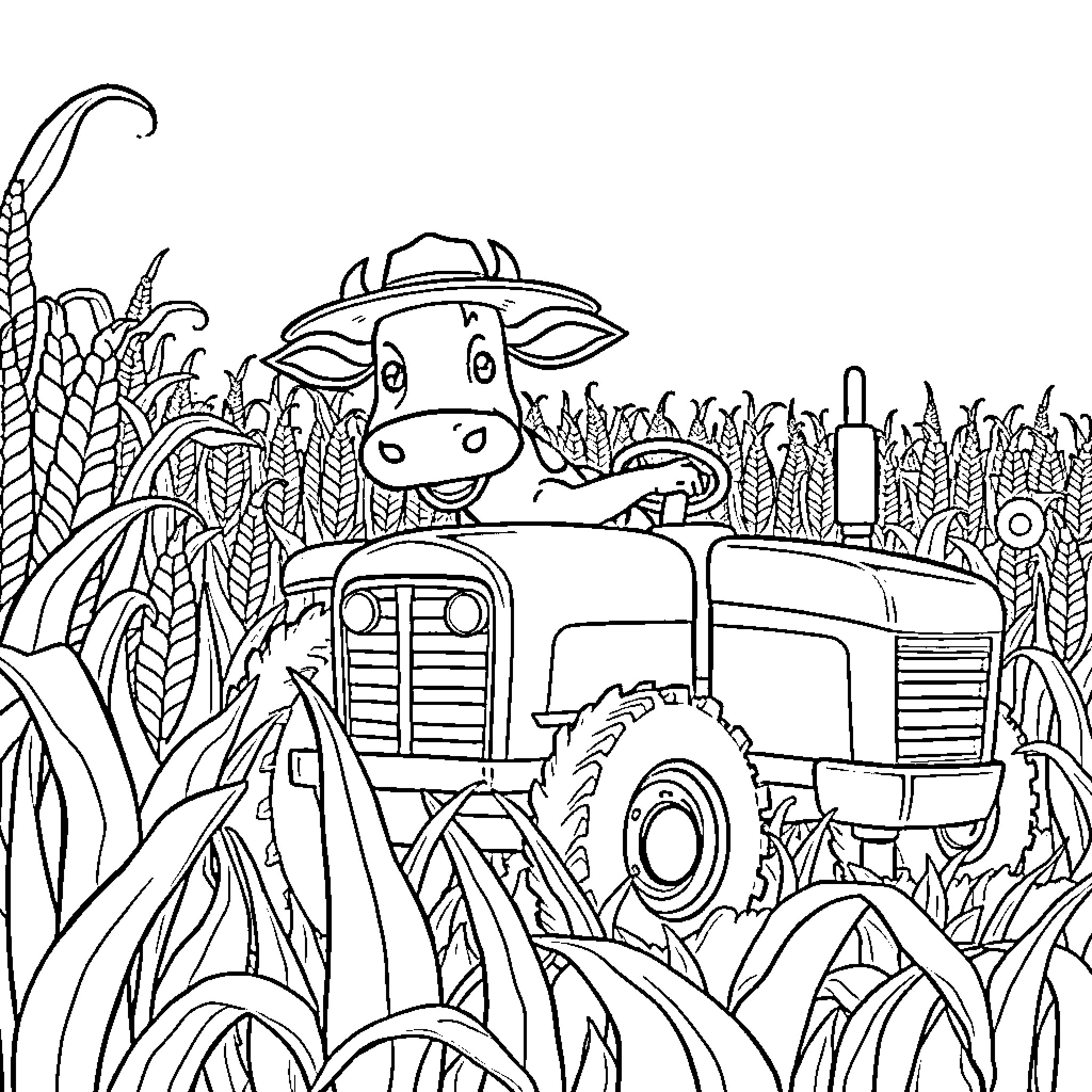 Cow driving tractor through cornfield Coloring Page (free black-and-white line drawing printable PDF for all, from beginners to advanced learners, including children, teens, adults, and seniors)