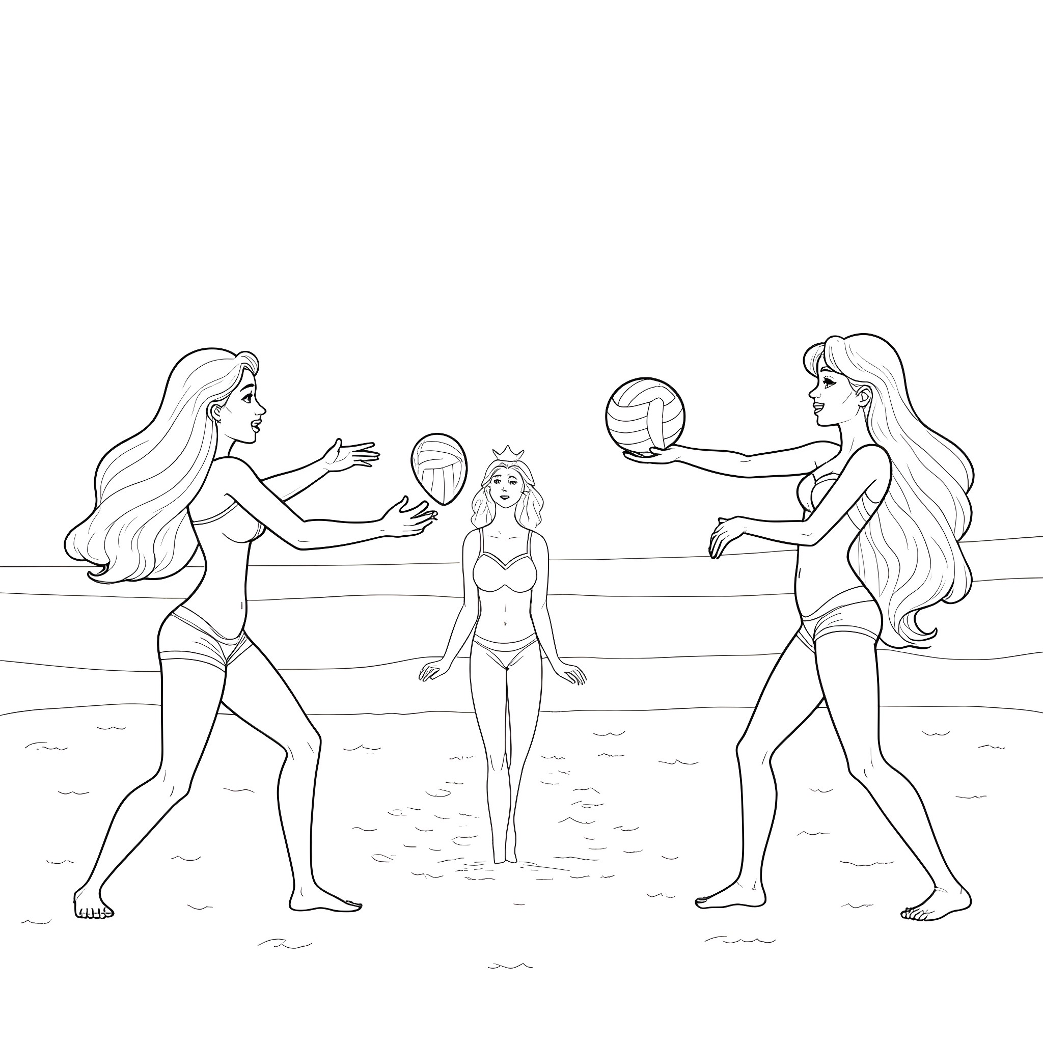 Princess Playing Beach Volleyball with Friends Coloring Page (free black-and-white line drawing printable PDF for all, from beginners to advanced learners, including children, teens, adults, and seniors)