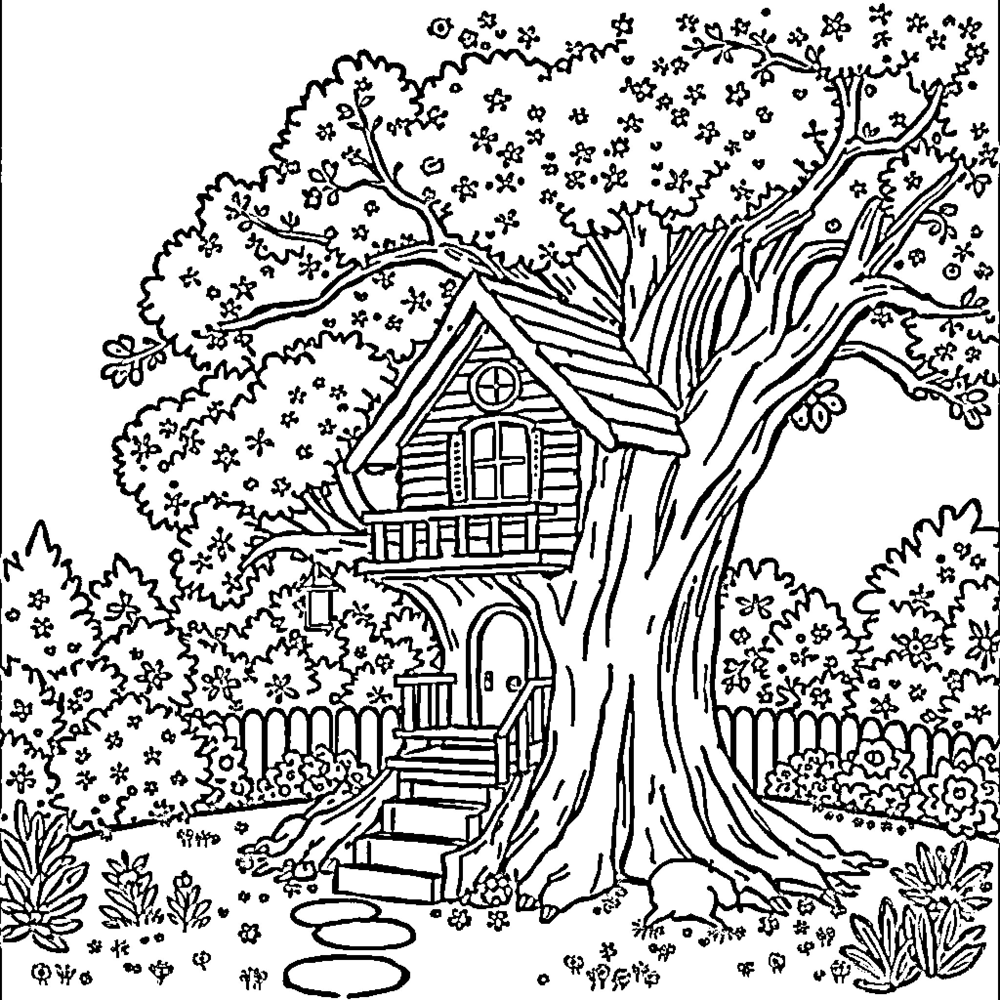 Tree House in Whimsical Forest Landscape Coloring Page (free black-and-white line drawing printable PDF for all, from beginners to advanced learners, including children, teens, adults, and seniors)