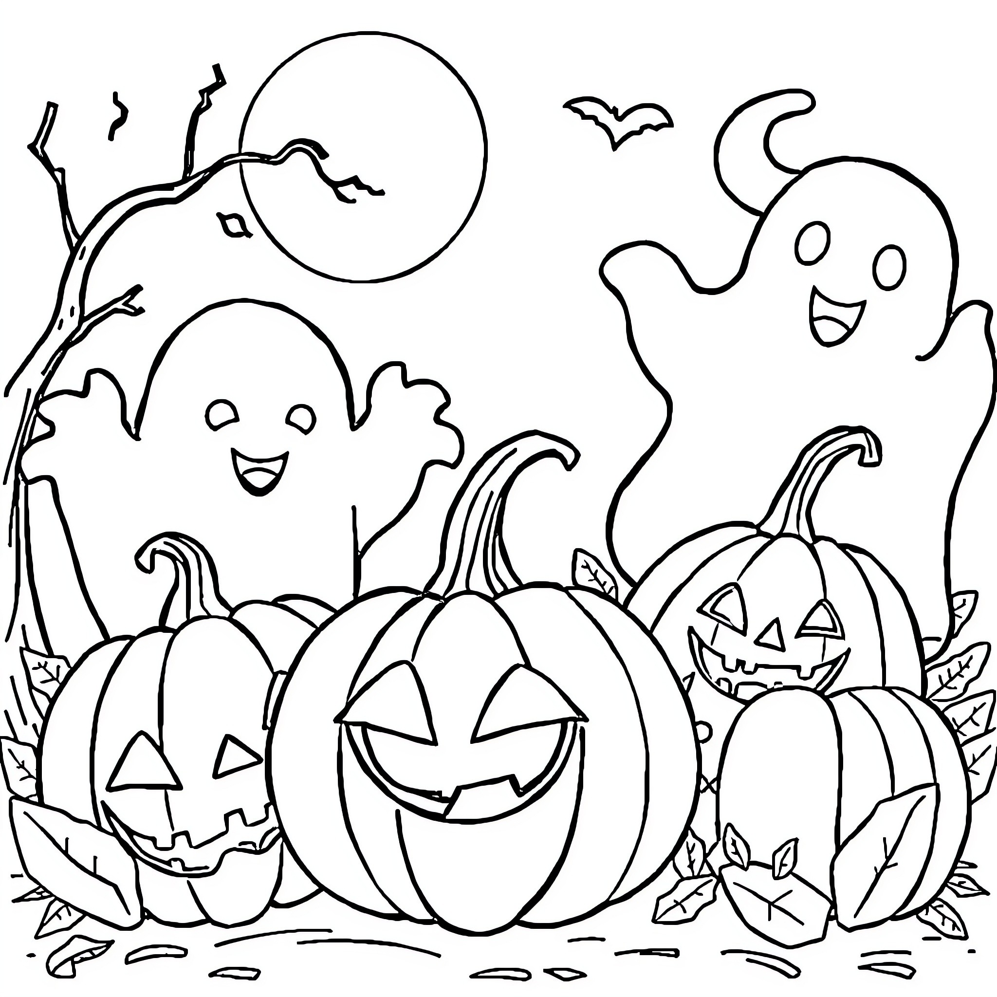 Halloween scene with pumpkins and ghosts Coloring Page (free black-and-white line drawing printable PDF for all, from beginners to advanced learners, including children, teens, adults, and seniors)