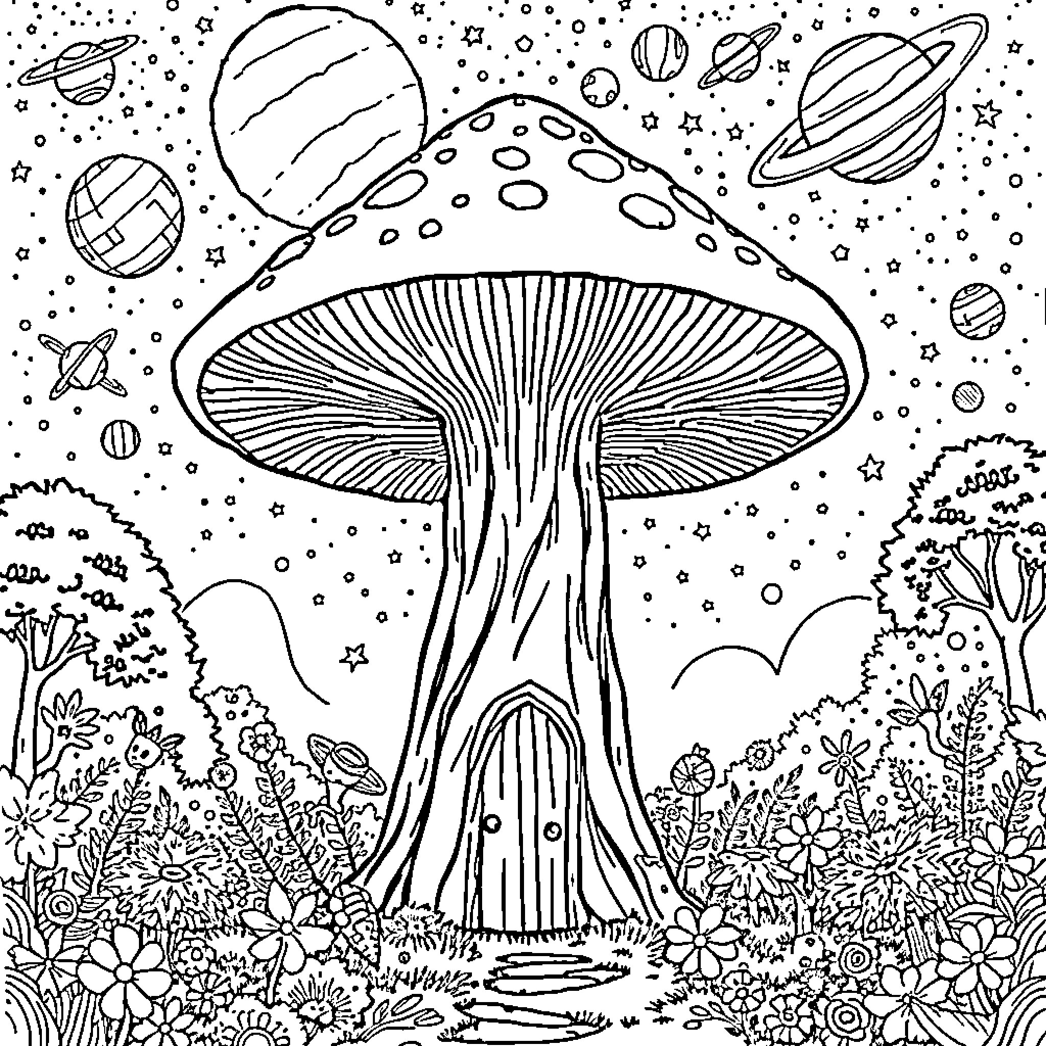 Mushroom Fantastical Interstellar Landscape Coloring Page (free black-and-white line drawing printable PDF for all, from beginners to advanced learners, including children, teens, adults, and seniors)