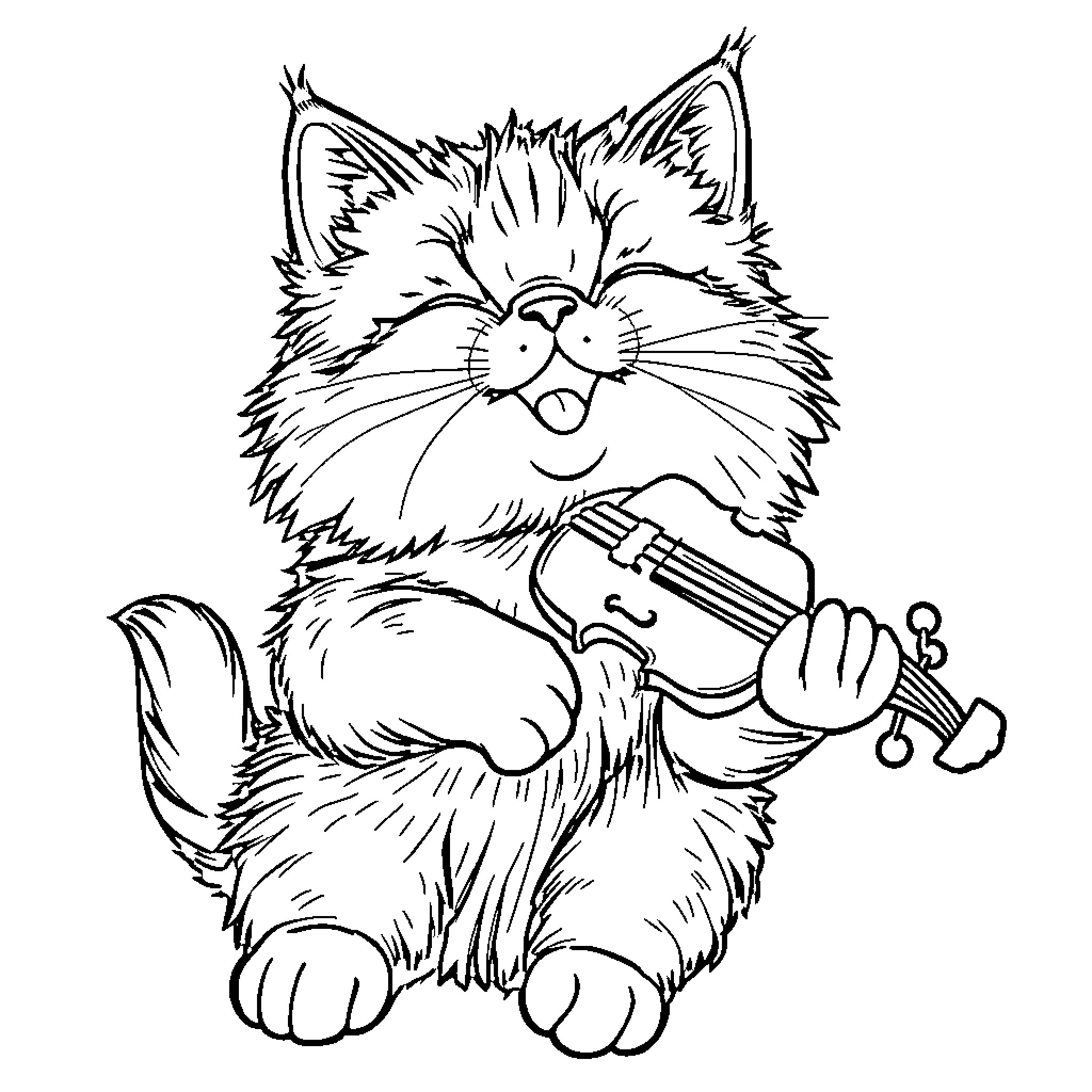 Cat playing with toys happily Coloring Page (free black-and-white line drawing printable PDF for all, from beginners to advanced learners, including children, teens, adults, and seniors)