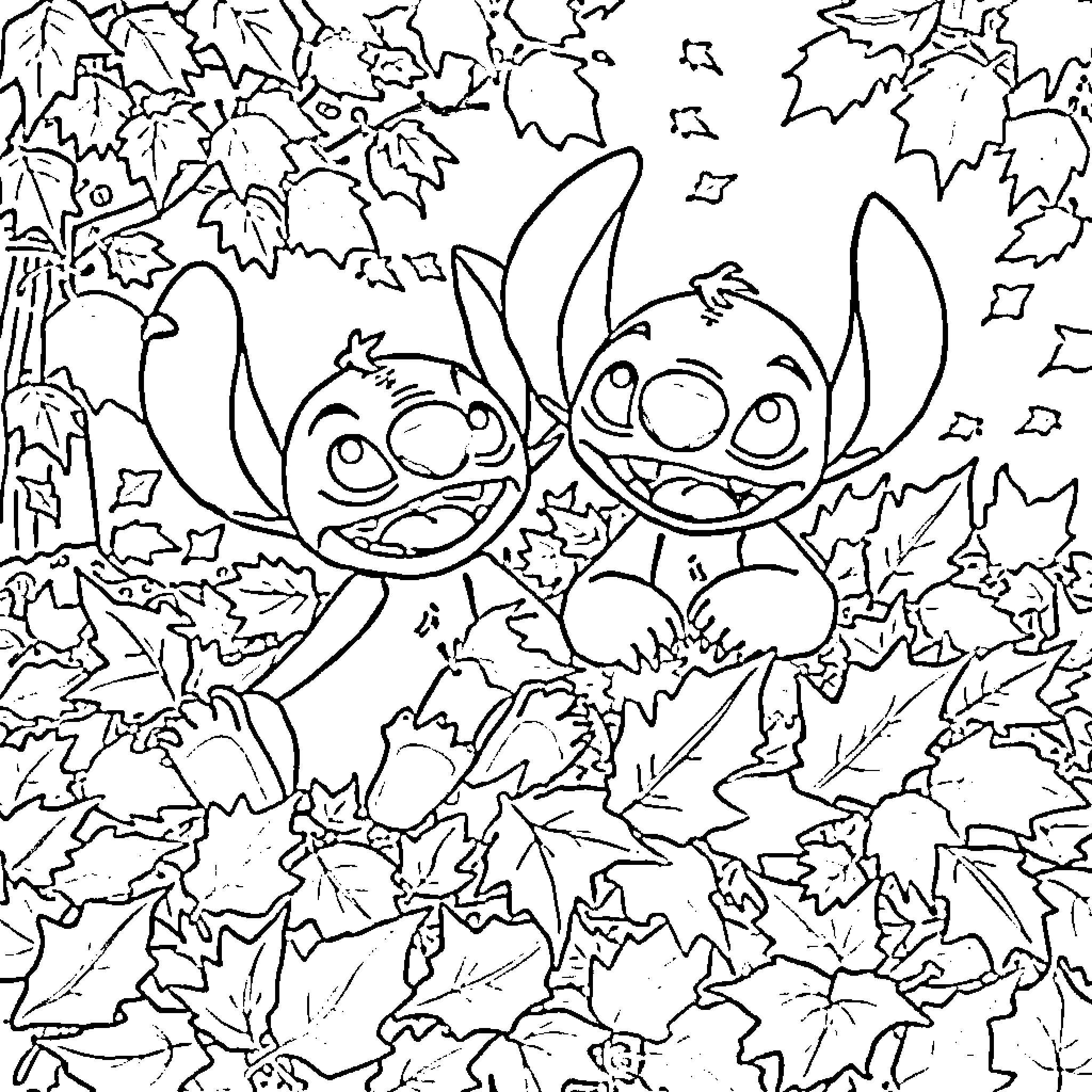 Lilo And Stitch Exploring Autumn Leaves Coloring Page (free black-and-white line drawing printable PDF for all, from beginners to advanced learners, including children, teens, adults, and seniors)