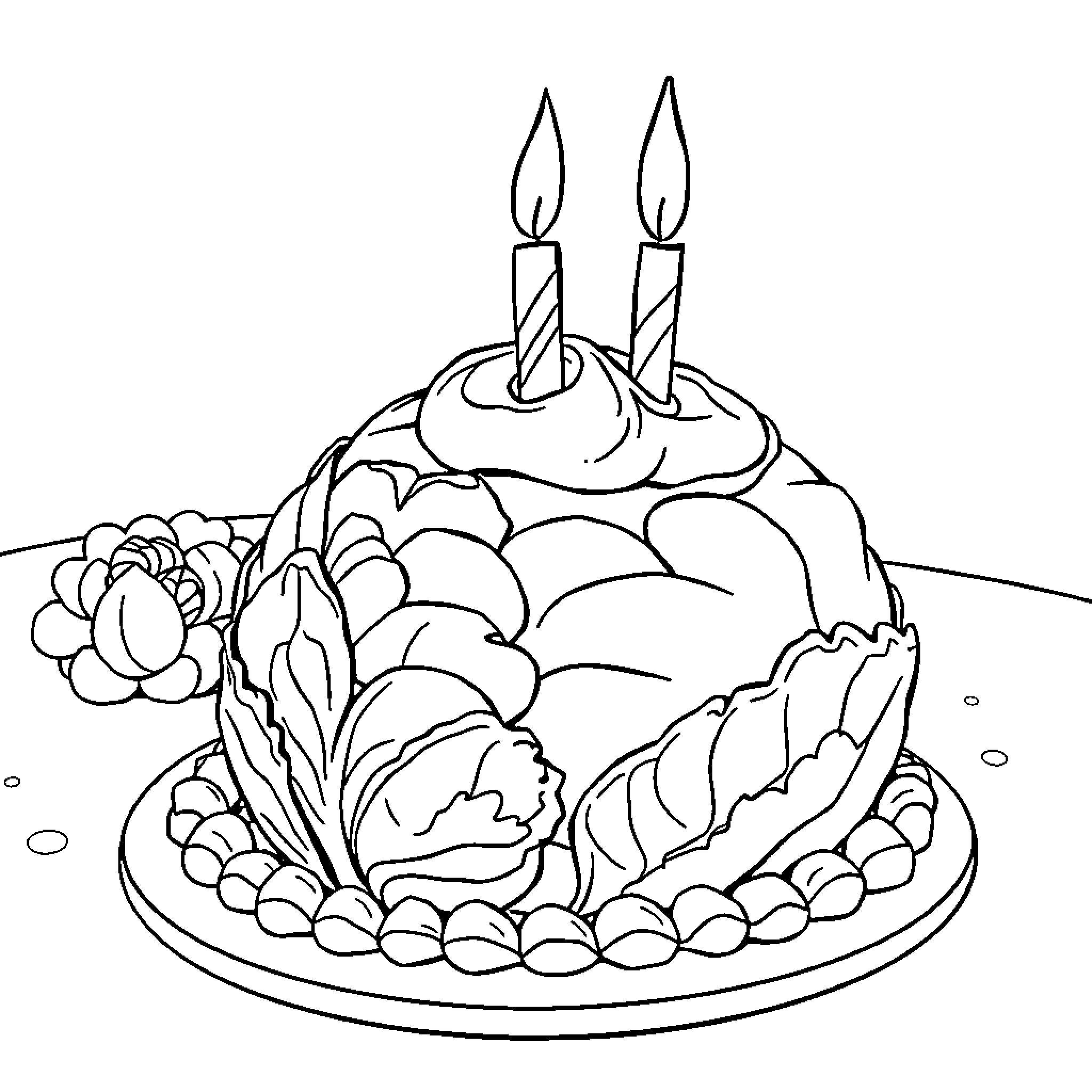 Chou's Celebratory Birthday Cake Coloring Page (free black-and-white line drawing printable PDF for all, from beginners to advanced learners, including children, teens, adults, and seniors)