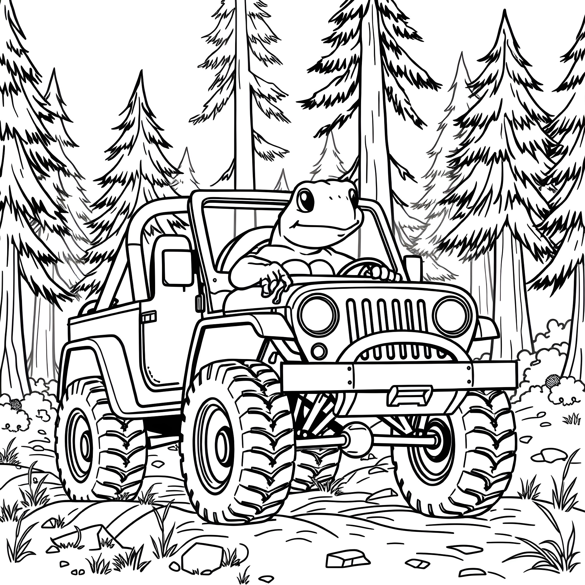 Turtle riding a monster truck in the forest Coloring Page (free black-and-white line drawing printable PDF for all, from beginners to advanced learners, including children, teens, adults, and seniors)