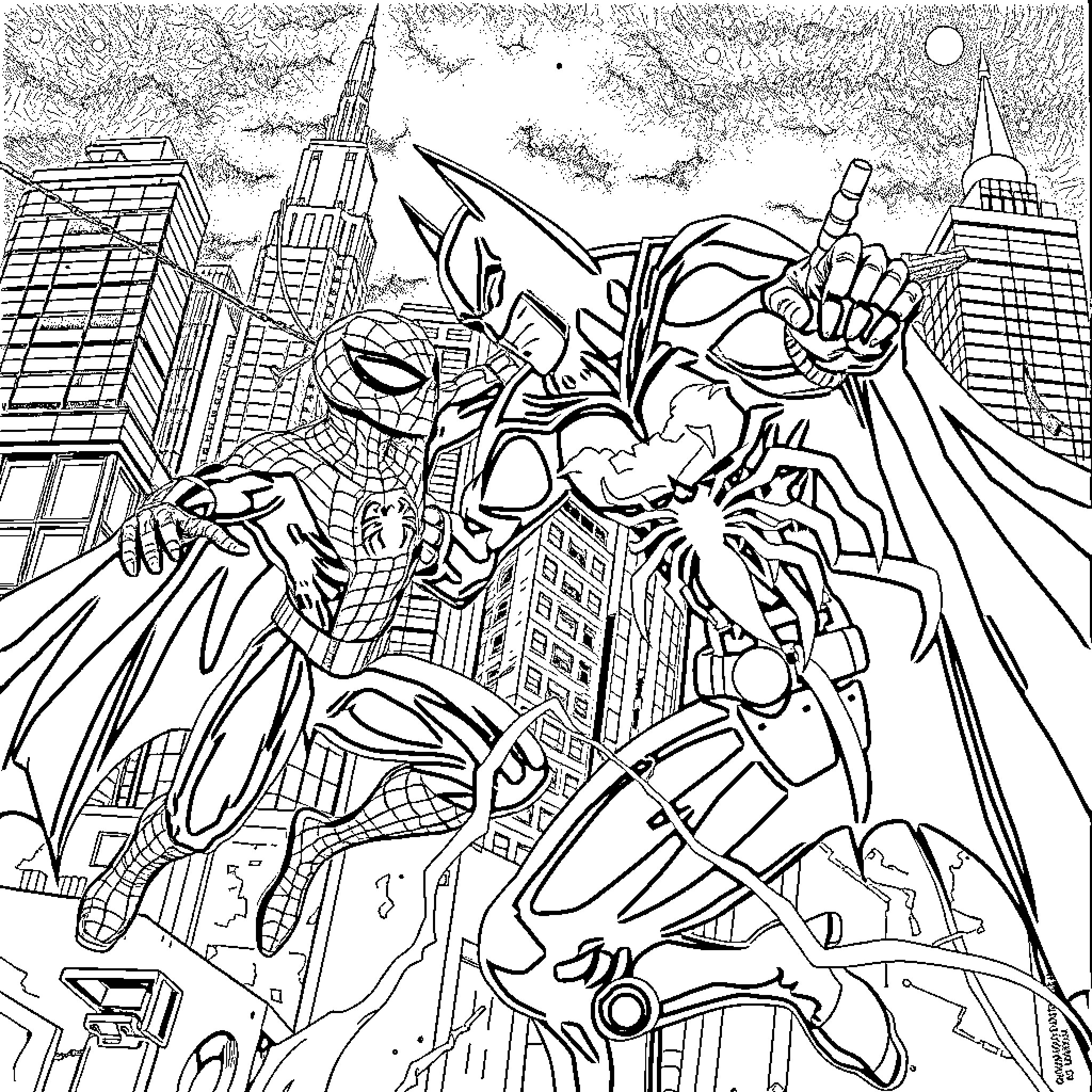 Batman battling villains in the city skyline Coloring Page (free black-and-white line drawing printable PDF for all, from beginners to advanced learners, including children, teens, adults, and seniors)
