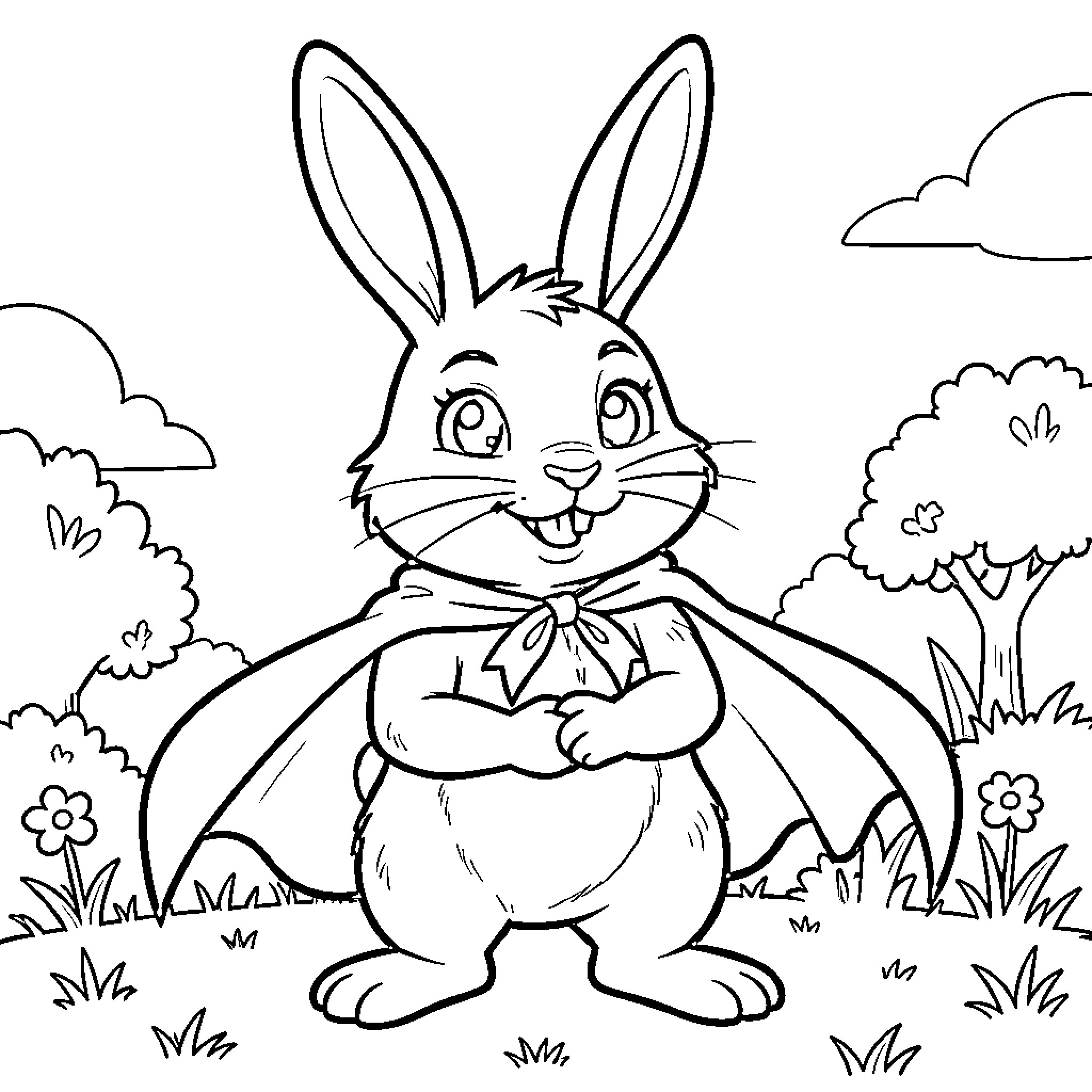 Super Lapin wearing a cape and smiling proudly Coloring Page (free black-and-white line drawing printable PDF for all, from beginners to advanced learners, including children, teens, adults, and seniors)