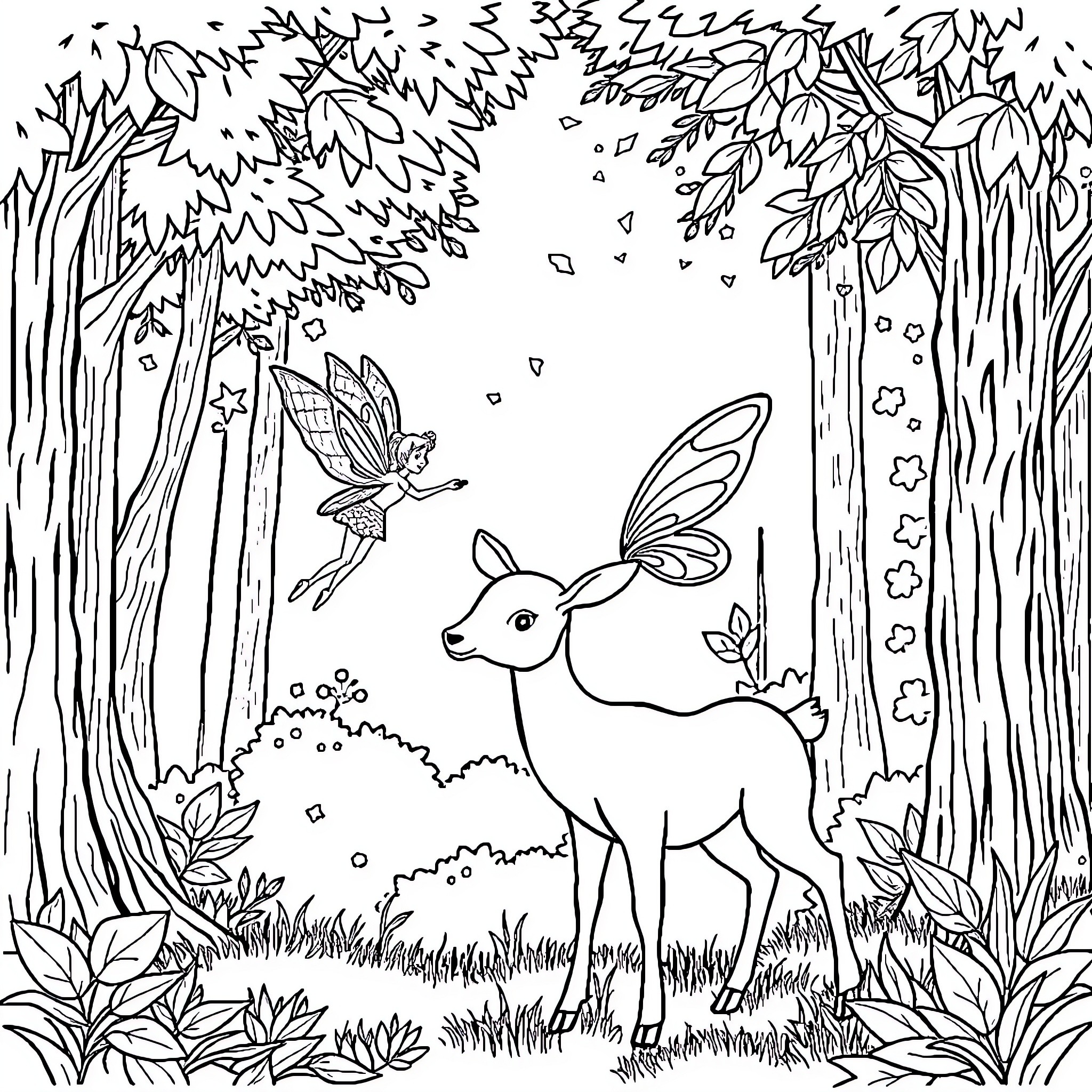 Fairy deer and woodland friends in the forest Coloring Page (free black-and-white line drawing printable PDF for all, from beginners to advanced learners, including children, teens, adults, and seniors)