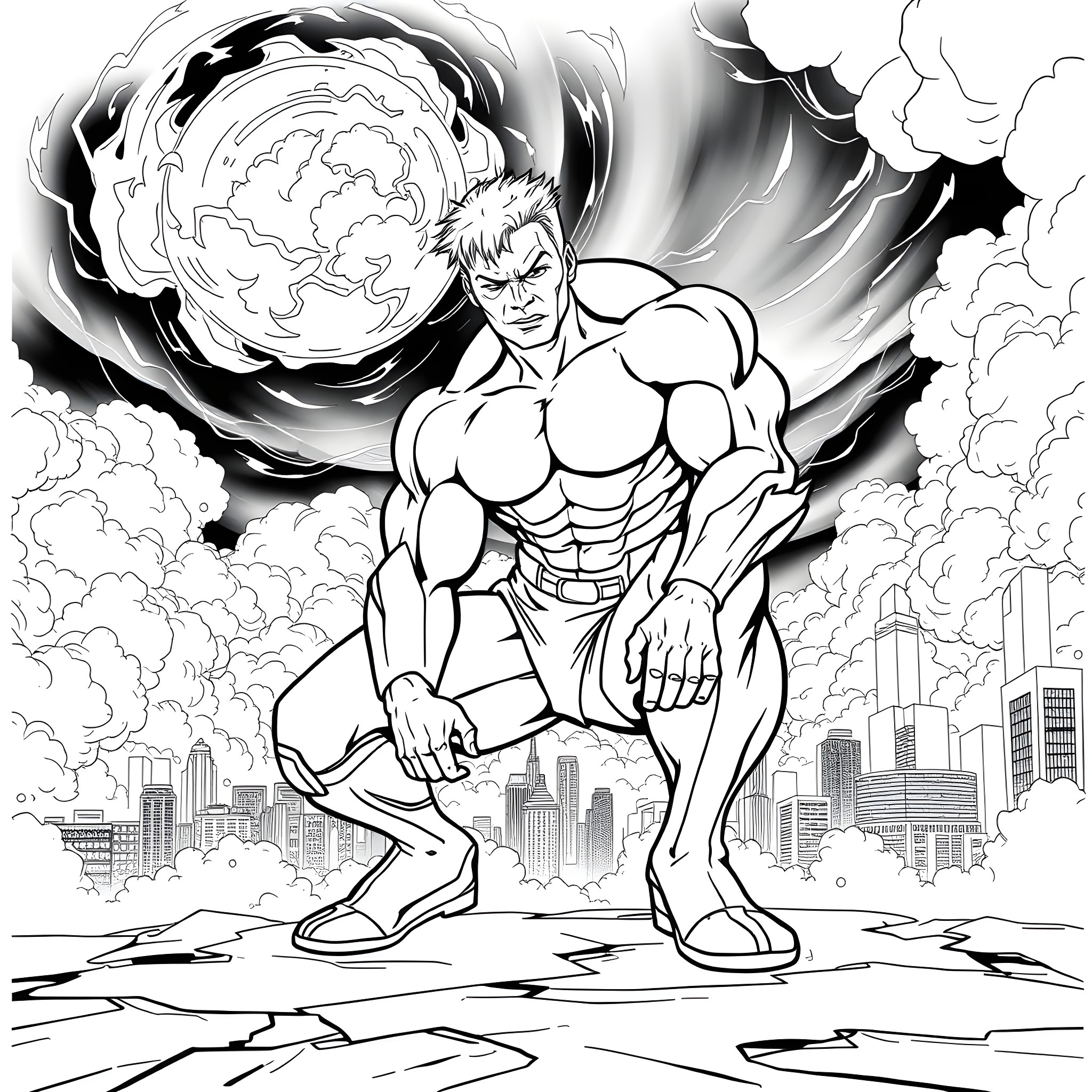 Omniman in epic superhero pose Coloring Page (free black-and-white line drawing printable PDF for all, from beginners to advanced learners, including children, teens, adults, and seniors)