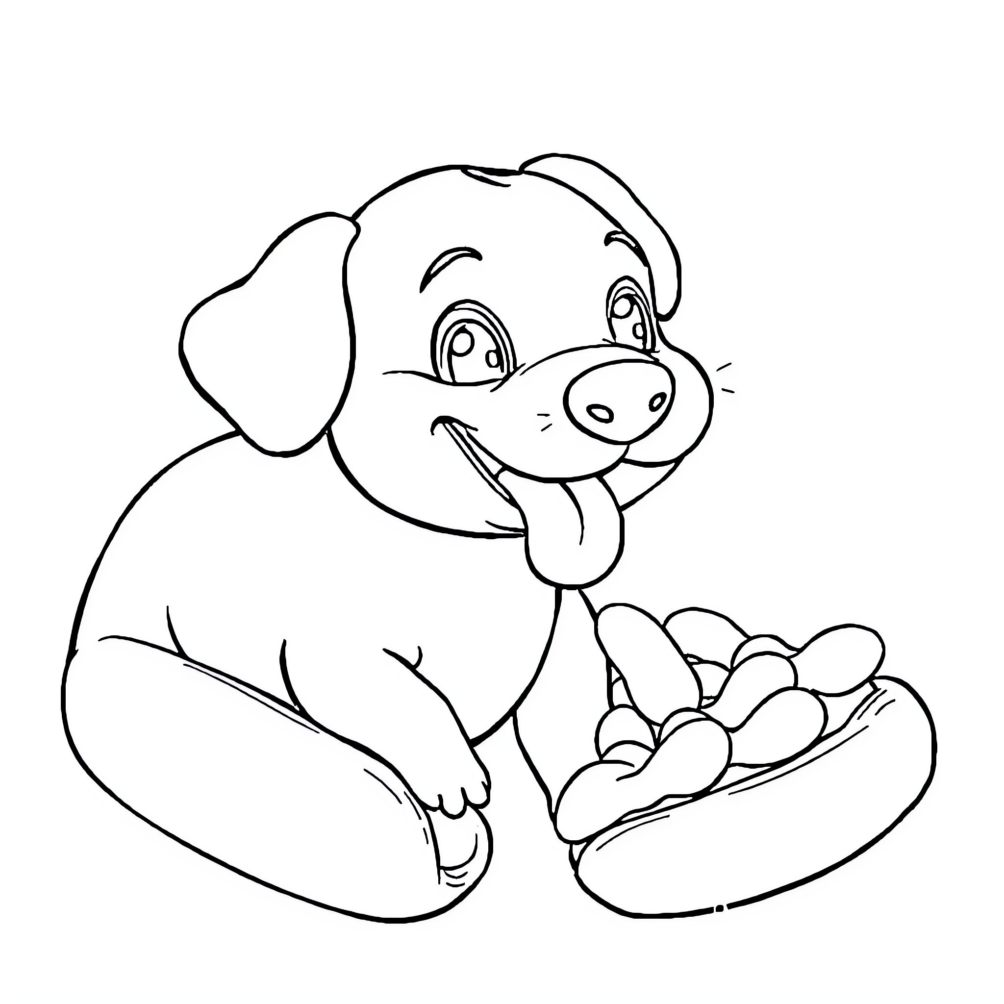 Weiner Dog Happily Holding Hot Dog Coloring Page (free black-and-white line drawing printable PDF for all, from beginners to advanced learners, including children, teens, adults, and seniors)