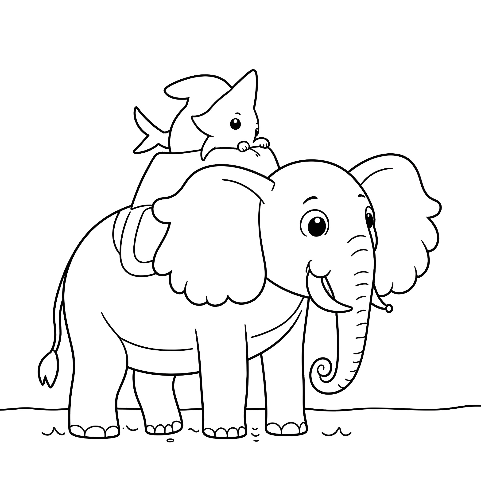 Baby Shark riding happily on an elephant Coloring Page (free black-and-white line drawing printable PDF for all, from beginners to advanced learners, including children, teens, adults, and seniors)