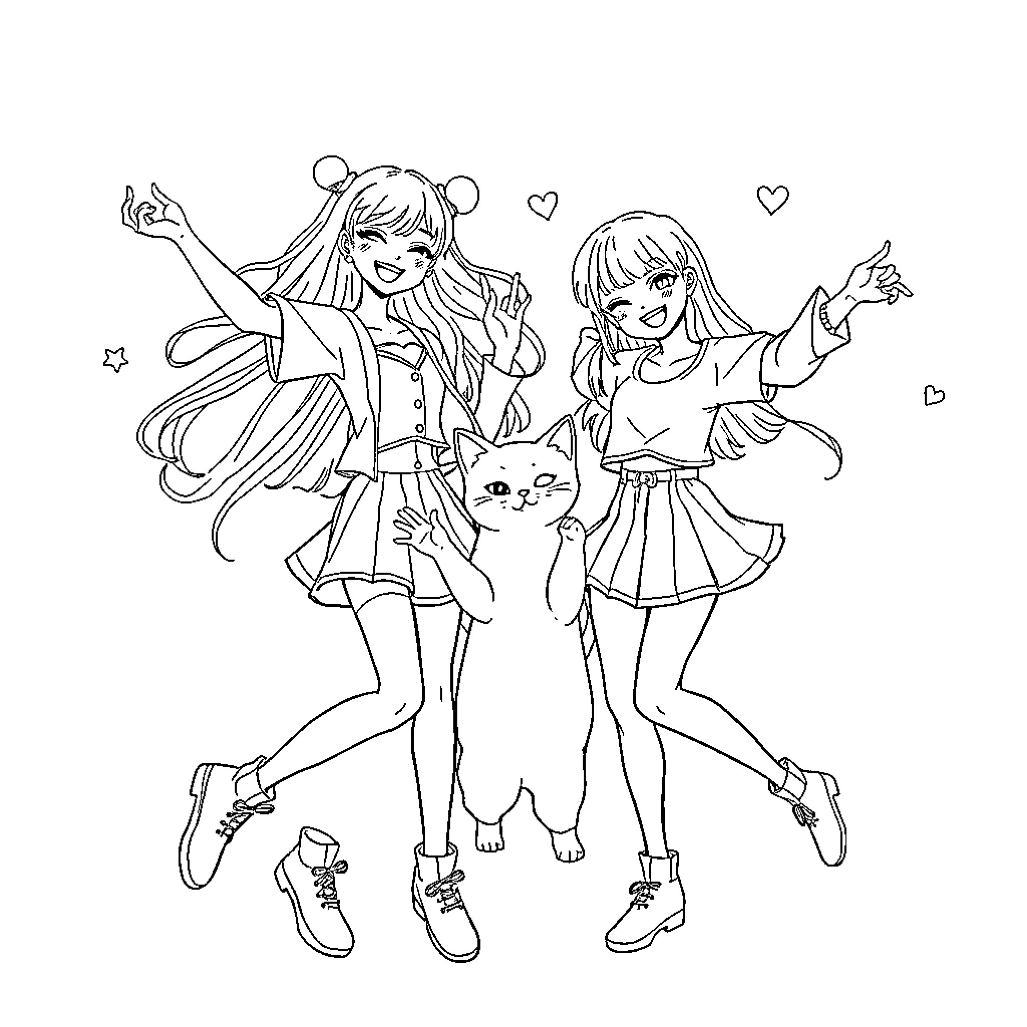 K-pop Girl Duo Performing Energetic Dance Coloring Page (free black-and-white line drawing printable PDF for all, from beginners to advanced learners, including children, teens, adults, and seniors)