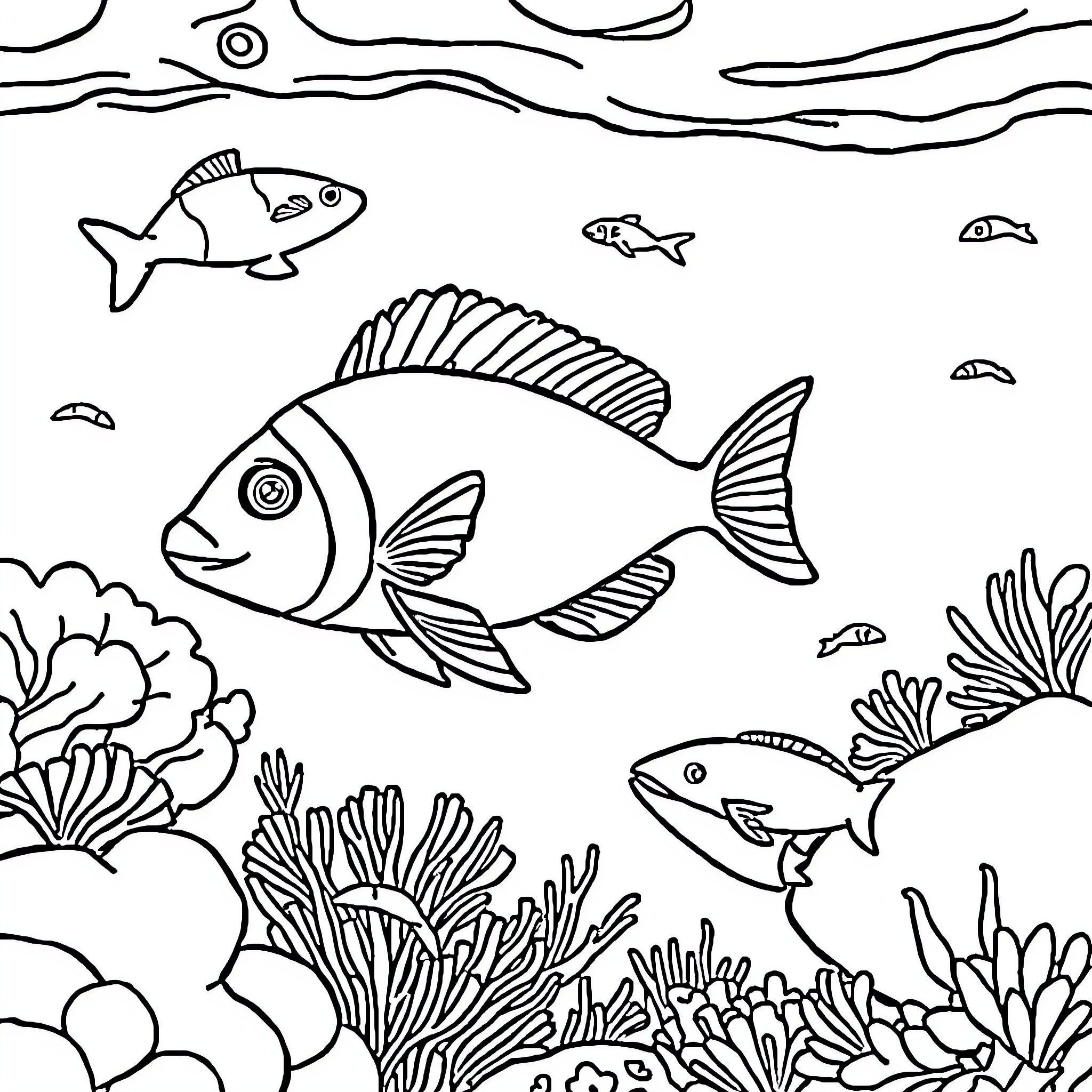 Sea Animals Swimming in Underwater Coral Reef Coloring Page (free black-and-white line drawing printable PDF for all, from beginners to advanced learners, including children, teens, adults, and seniors)