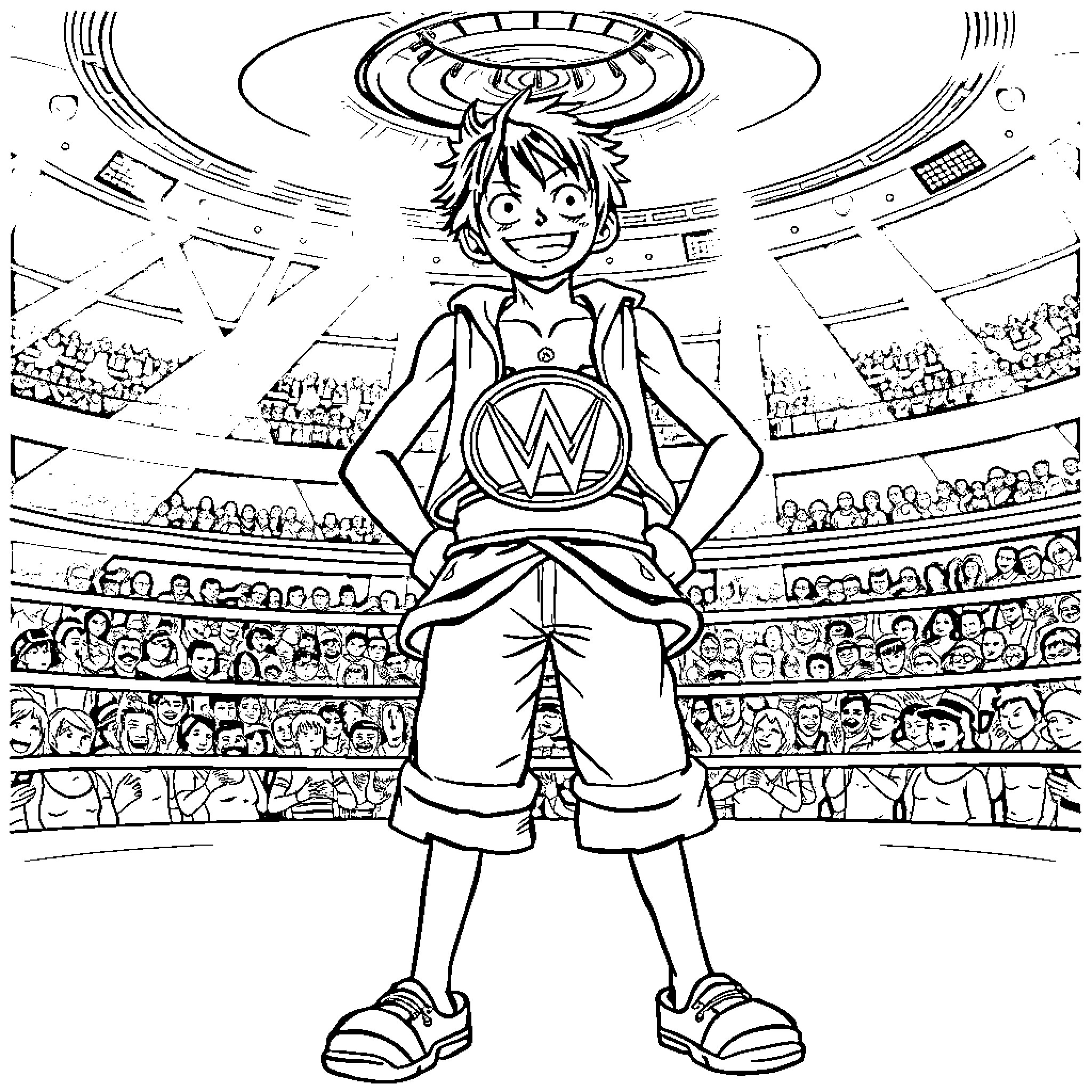 Monkey D Luffy performing in a large stadium arena Coloring Page (free black-and-white line drawing printable PDF for all, from beginners to advanced learners, including children, teens, adults, and seniors)