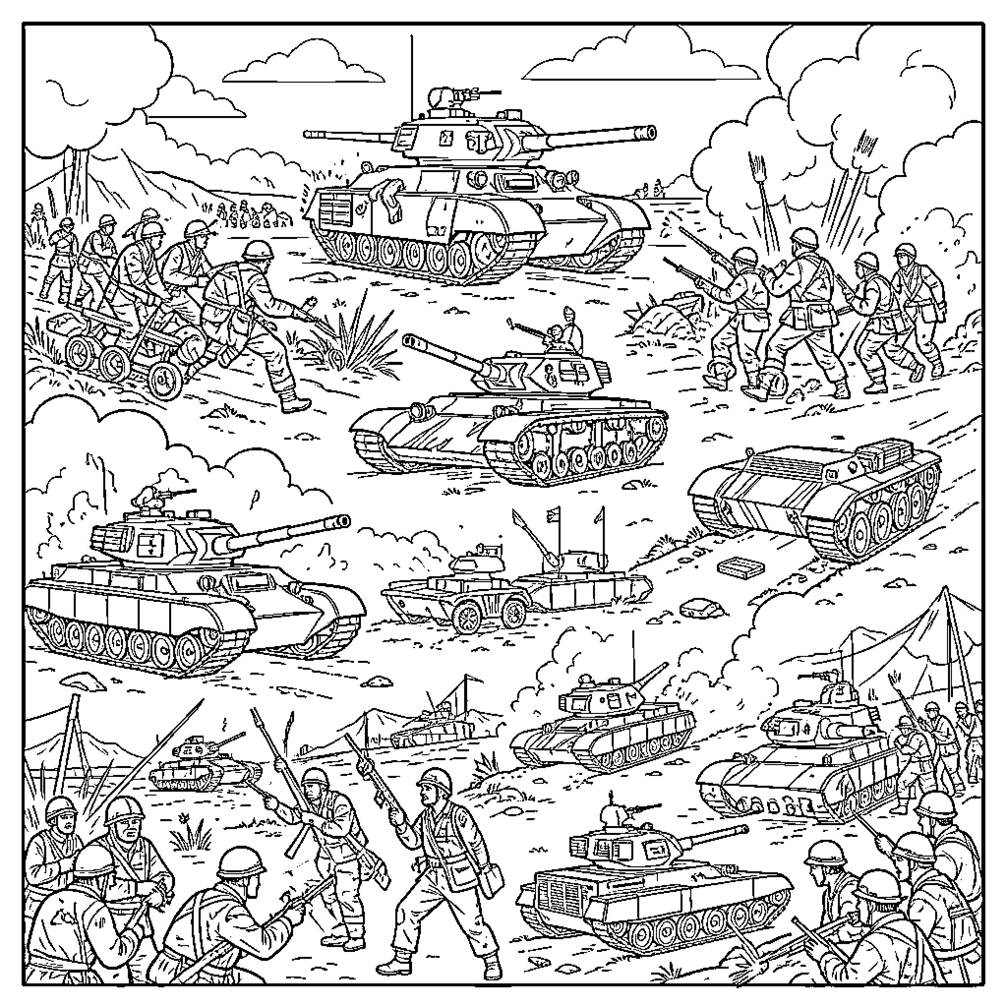War Scenes of Battle with Tanks and Soldiers Coloring Page (free black-and-white line drawing printable PDF for all, from beginners to advanced learners, including children, teens, adults, and seniors)