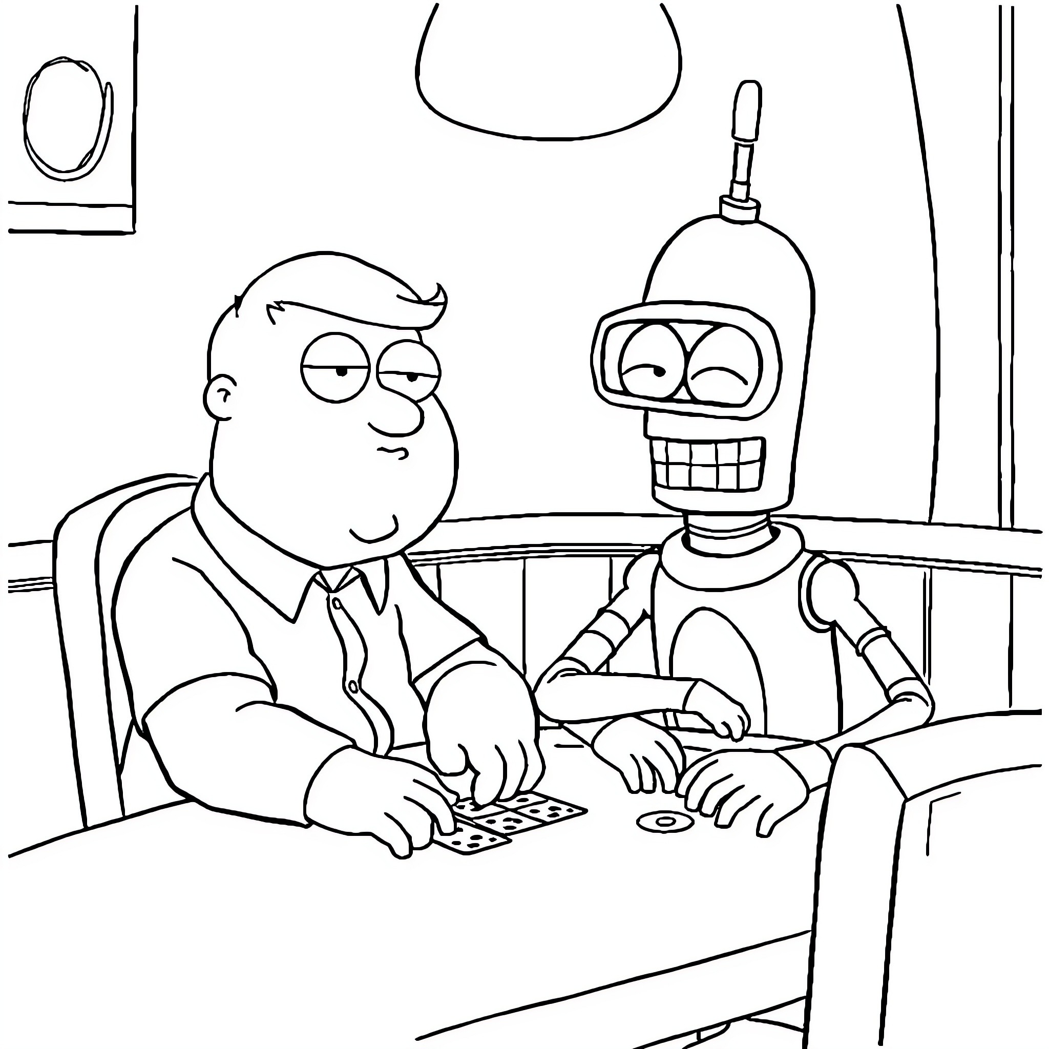 Stewie and Bender Hang Out in the Office Coloring Page (free black-and-white line drawing printable PDF for all, from beginners to advanced learners, including children, teens, adults, and seniors)