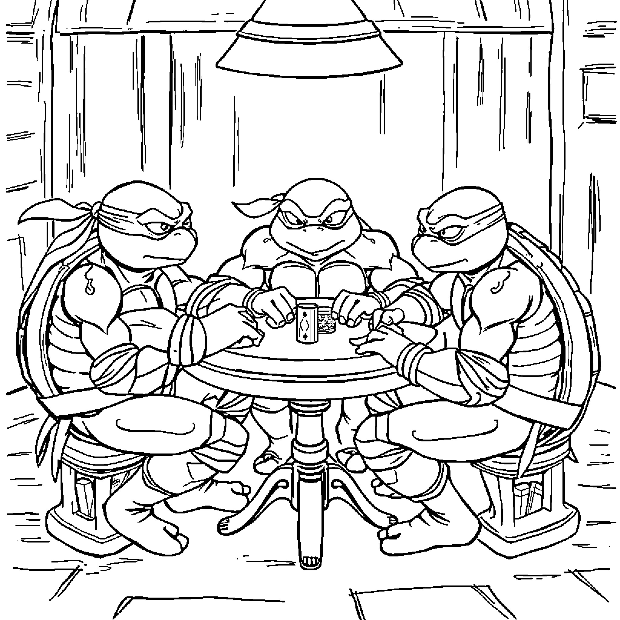 Teenage Mutant Ninja Turtles Discussing Strategy at the Table Coloring Page (free black-and-white line drawing printable PDF for all, from beginners to advanced learners, including children, teens, adults, and seniors)