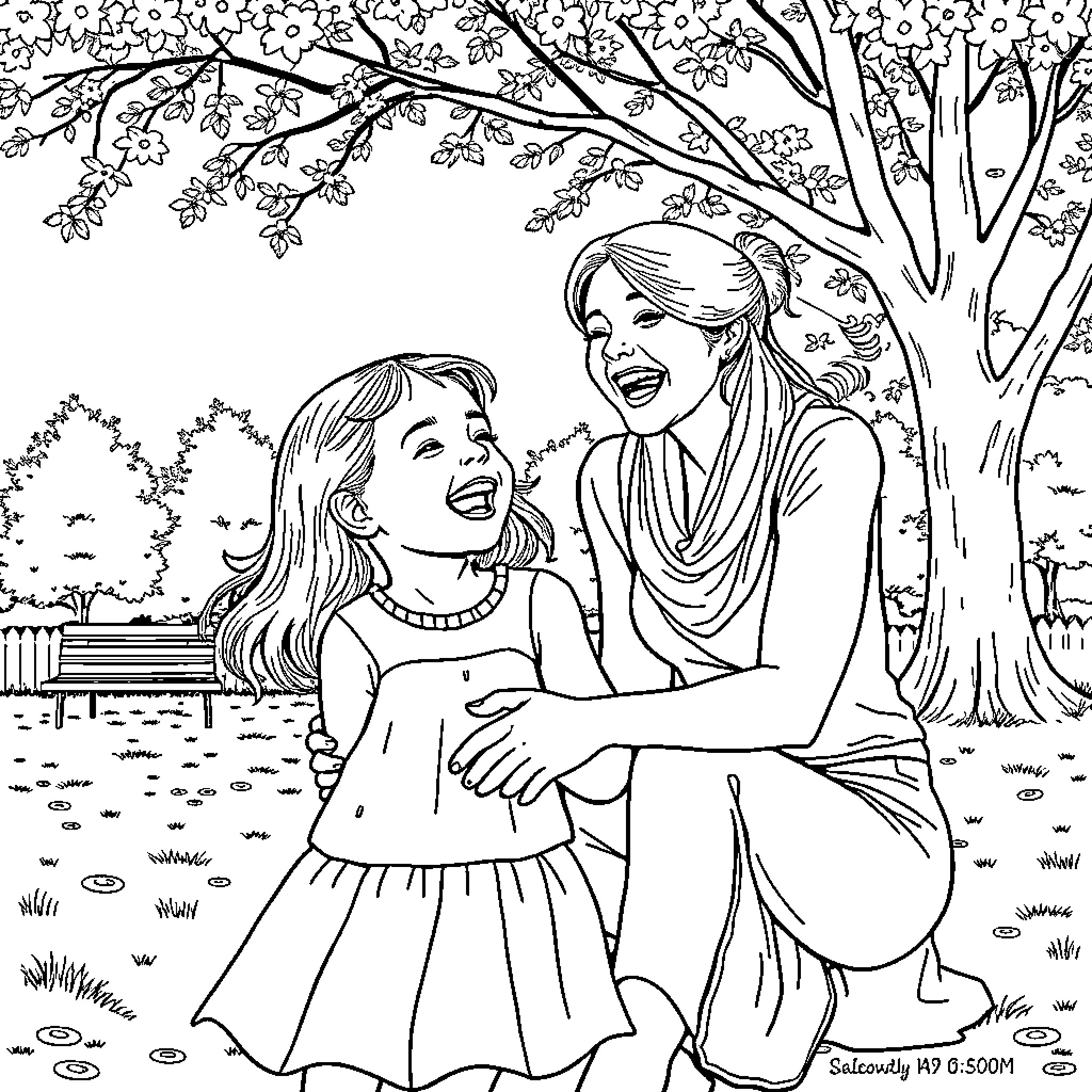 Mother and Daughter Bonding in Nature Coloring Page (free black-and-white line drawing printable PDF for all, from beginners to advanced learners, including children, teens, adults, and seniors)