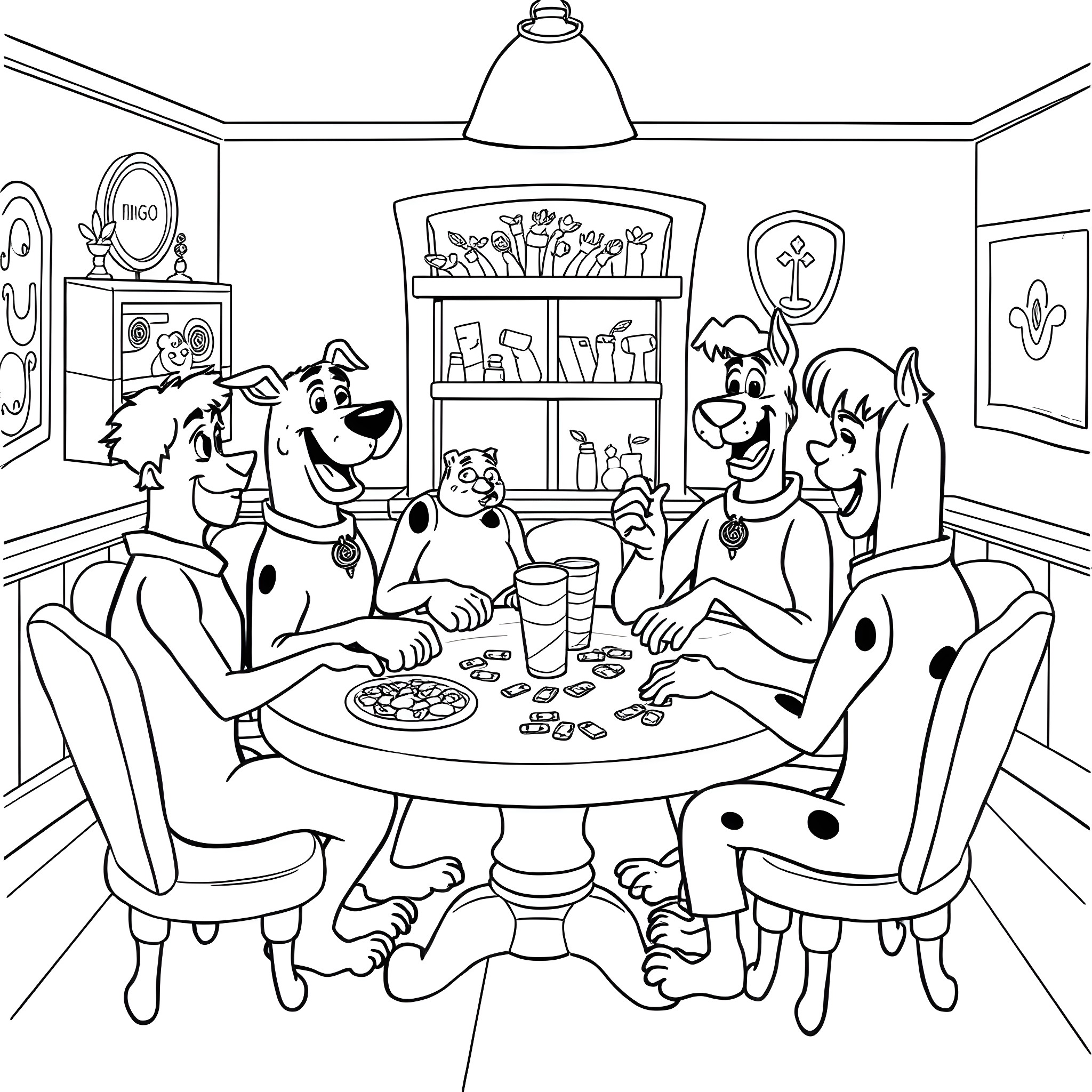 Bluey's Family Enjoying a Cozy Gathering Coloring Page (free black-and-white line drawing printable PDF for all, from beginners to advanced learners, including children, teens, adults, and seniors)