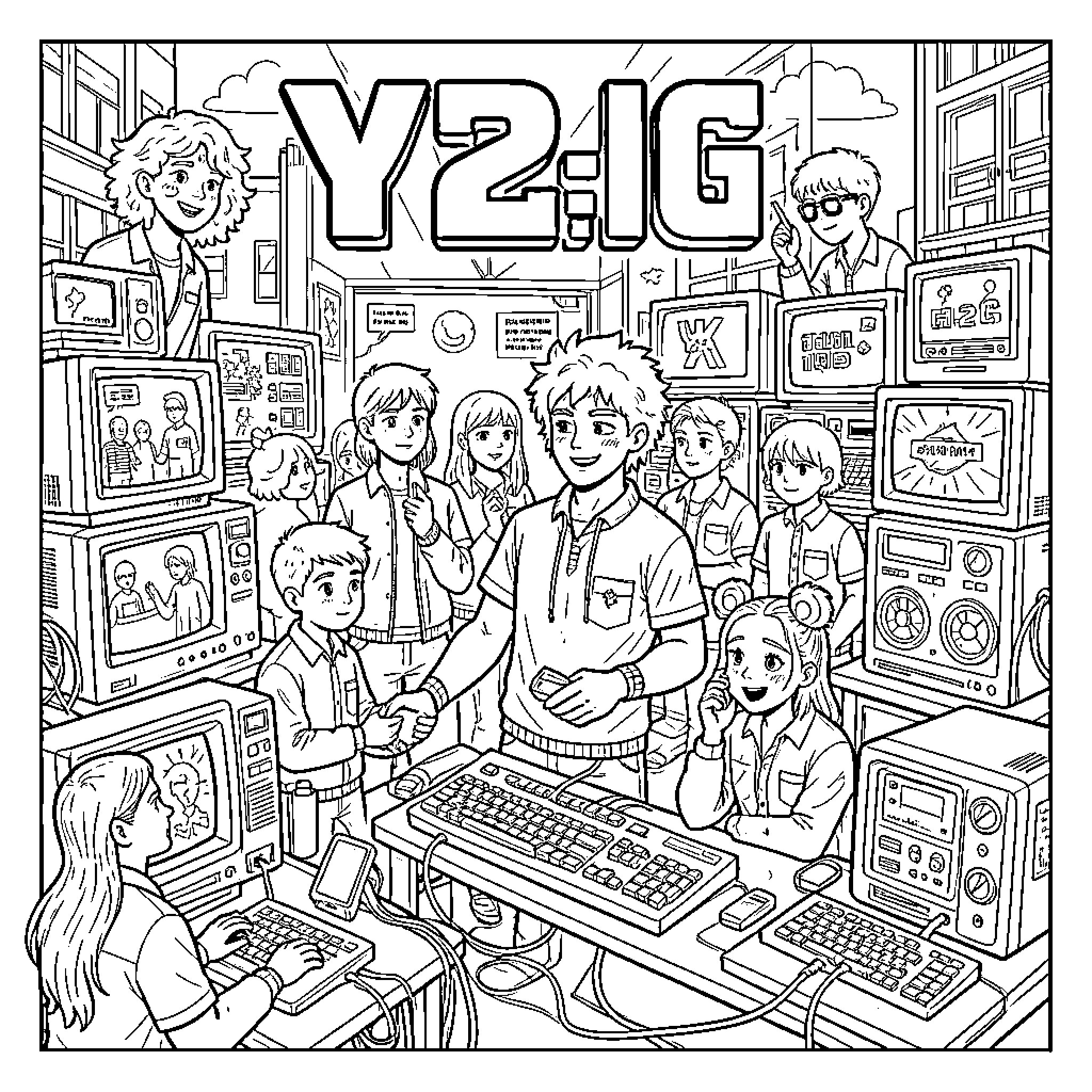 Y2K tech enthusiasts interacting in a retro computer room Coloring Page (free black-and-white line drawing printable PDF for all, from beginners to advanced learners, including children, teens, adults, and seniors)