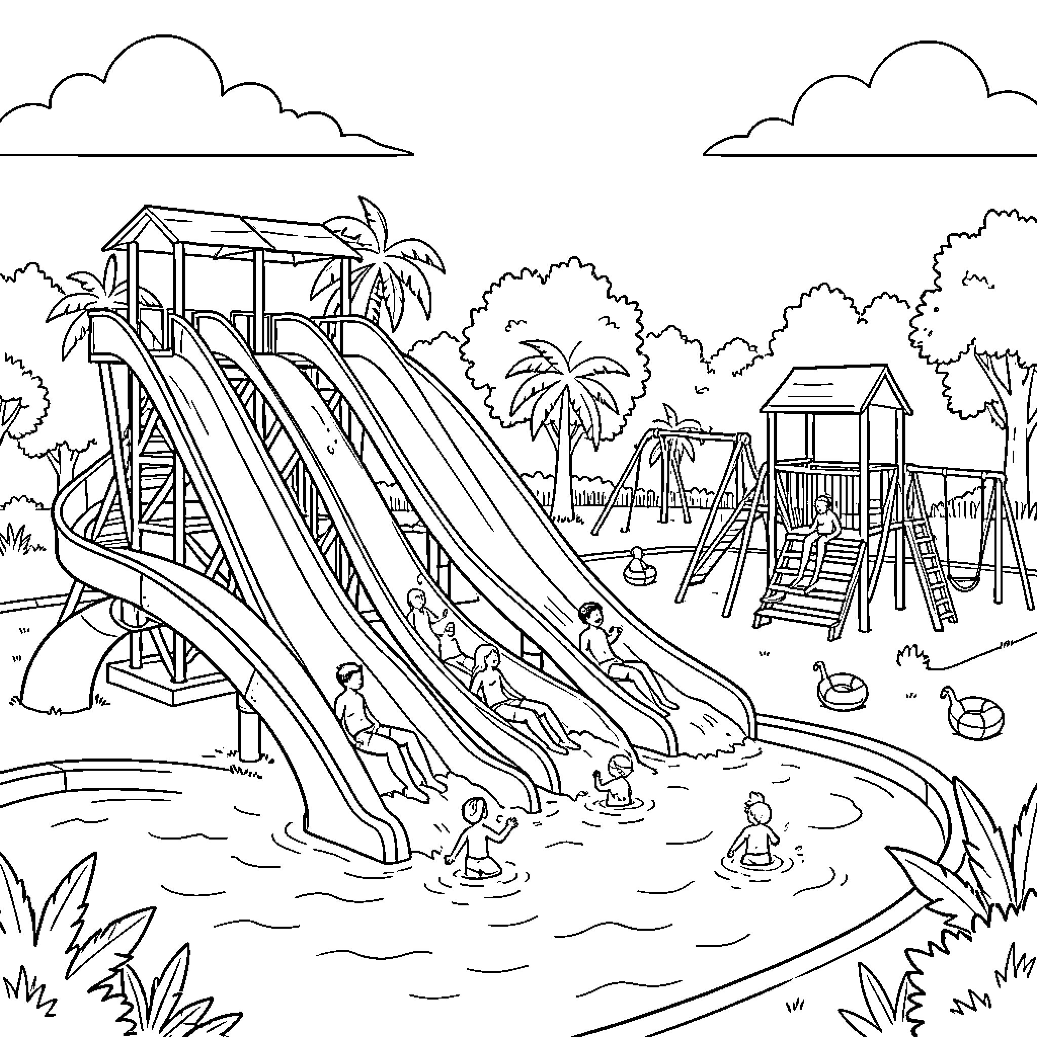 Parque with children enjoying large water slides Coloring Page (free black-and-white line drawing printable PDF for all, from beginners to advanced learners, including children, teens, adults, and seniors)
